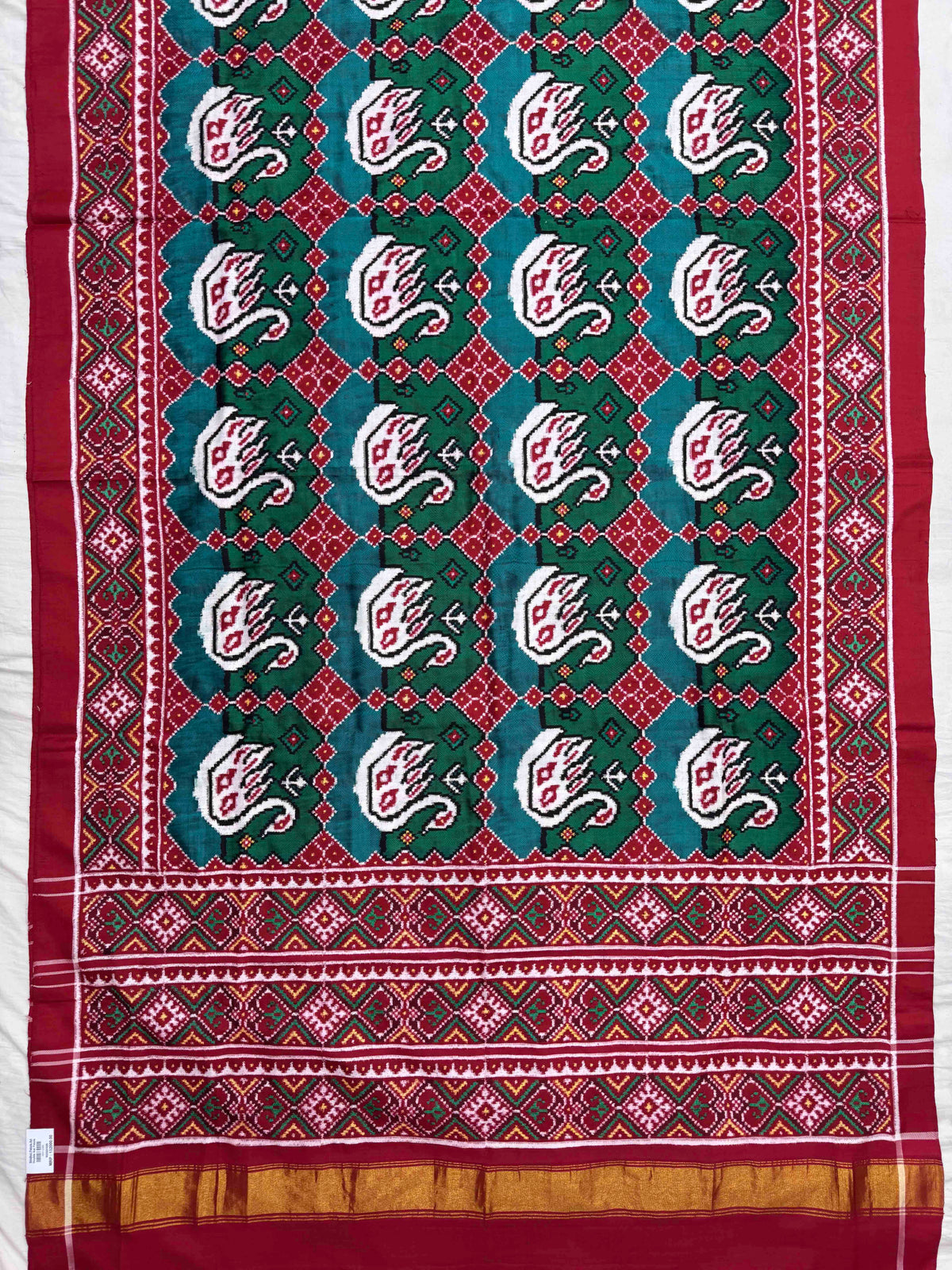 Red & Turquoise Big Figure Swan Double Ikat Patan Patola Saree