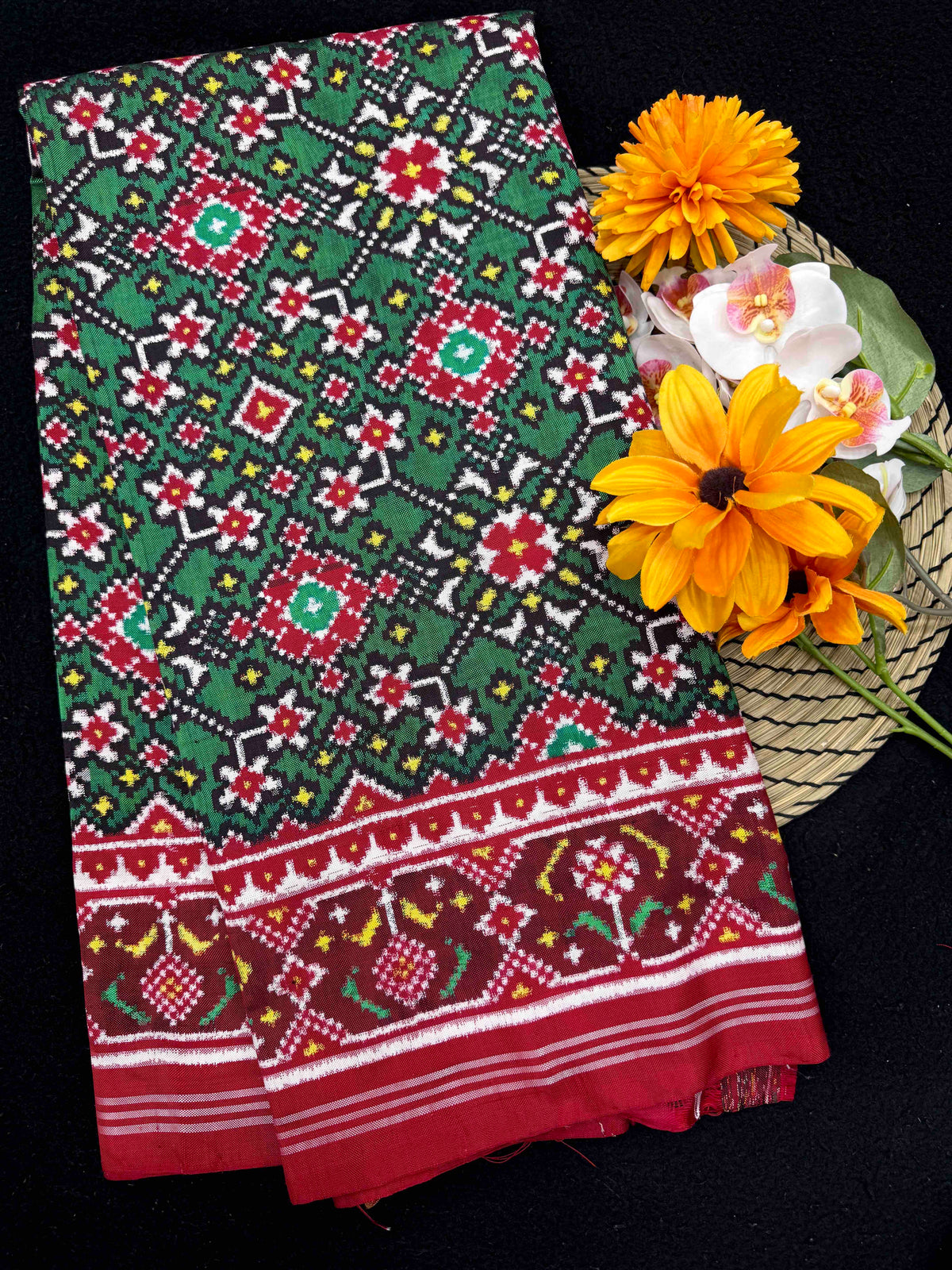Red & Green Navratan Double Ikat Patan Patola Saree