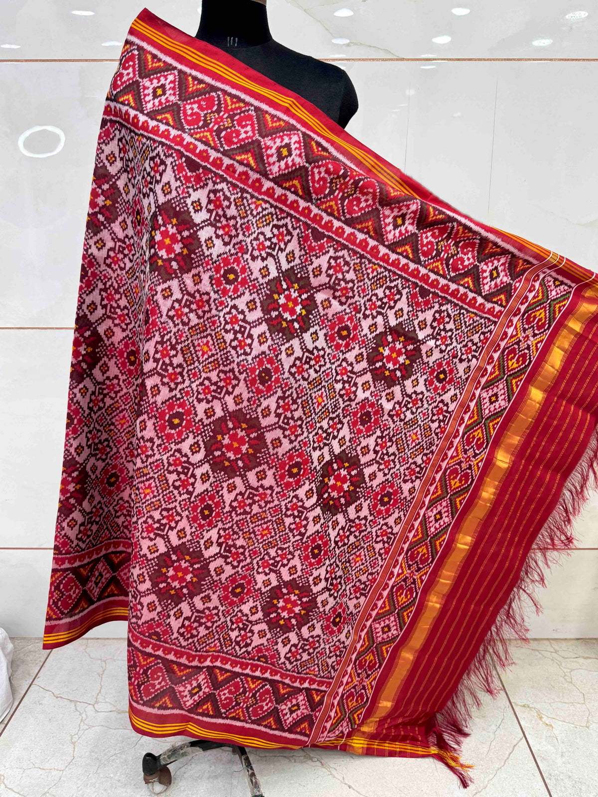 Red & Light Pink Navratan Semi Double Ikat Patola Dupatta