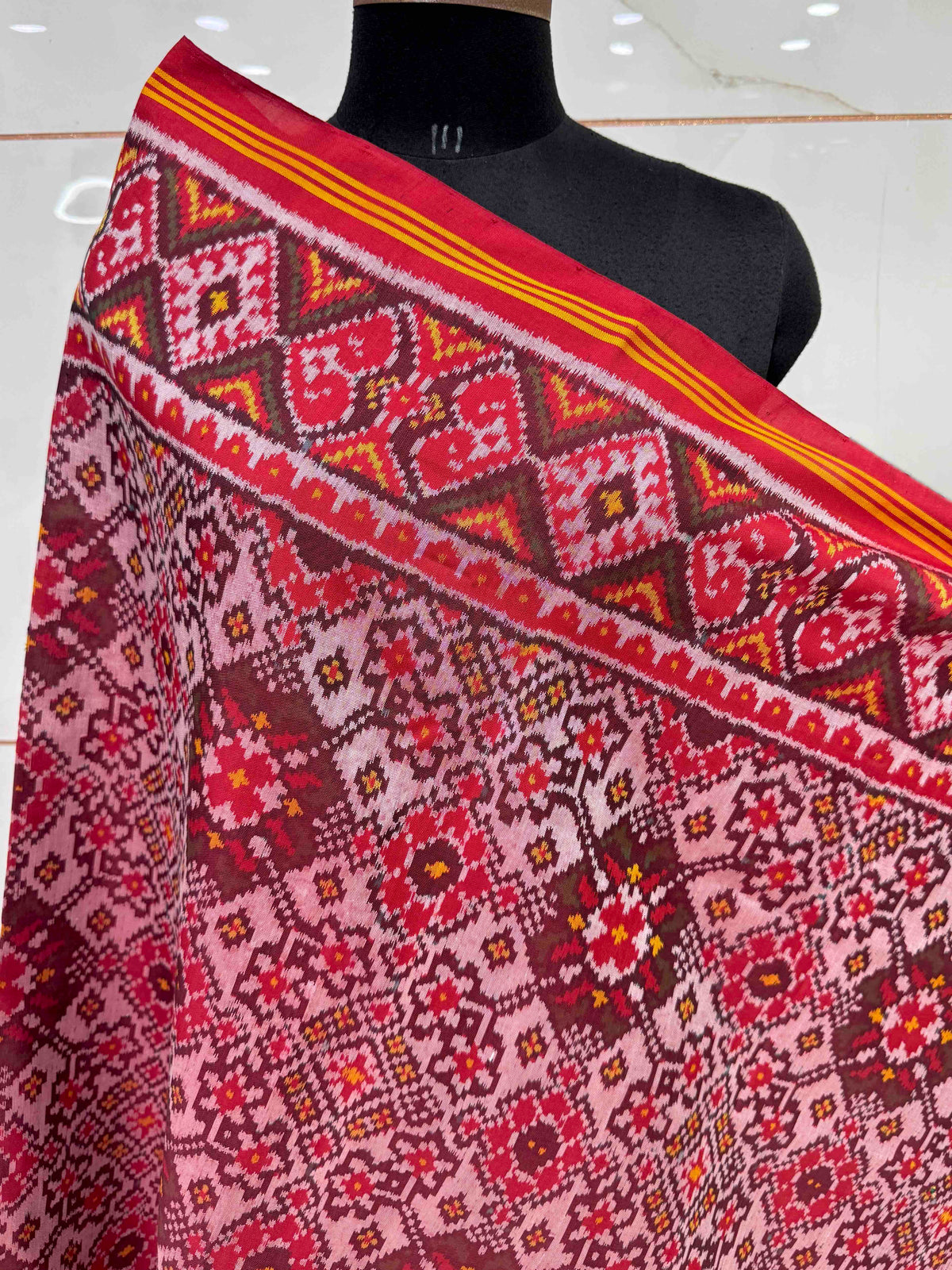 Red & Light Pink Navratan Semi Double Ikat Patola Dupatta