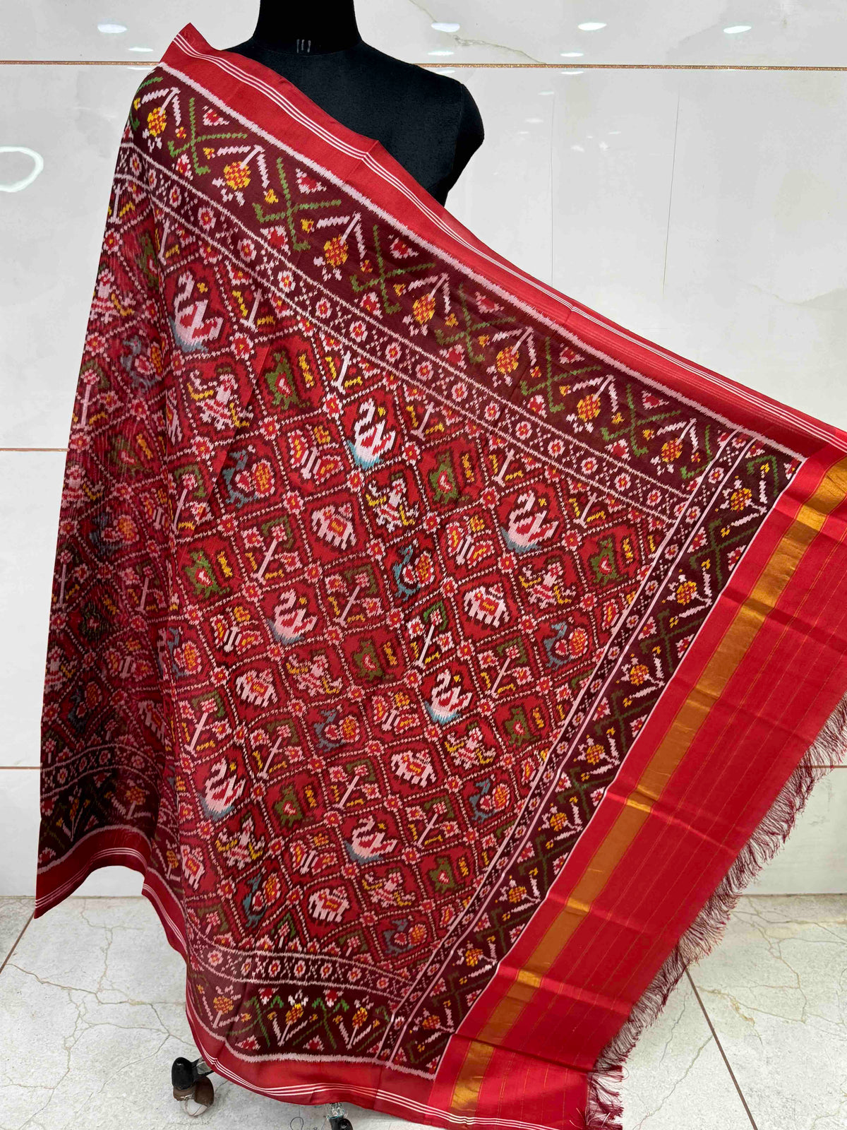 Red Small Narikunj Semi Double Ikat Patola Dupatta