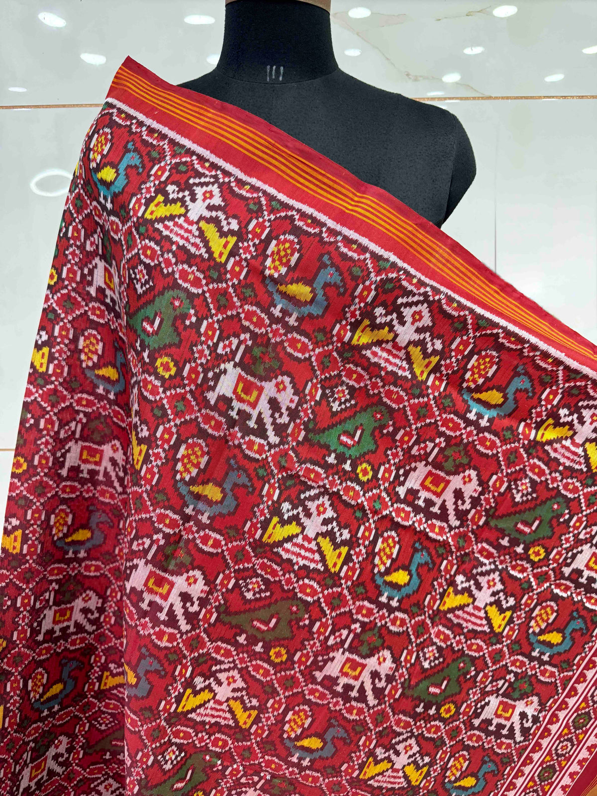 Red Narikunj Semi Double Ikat Patola Dupatta