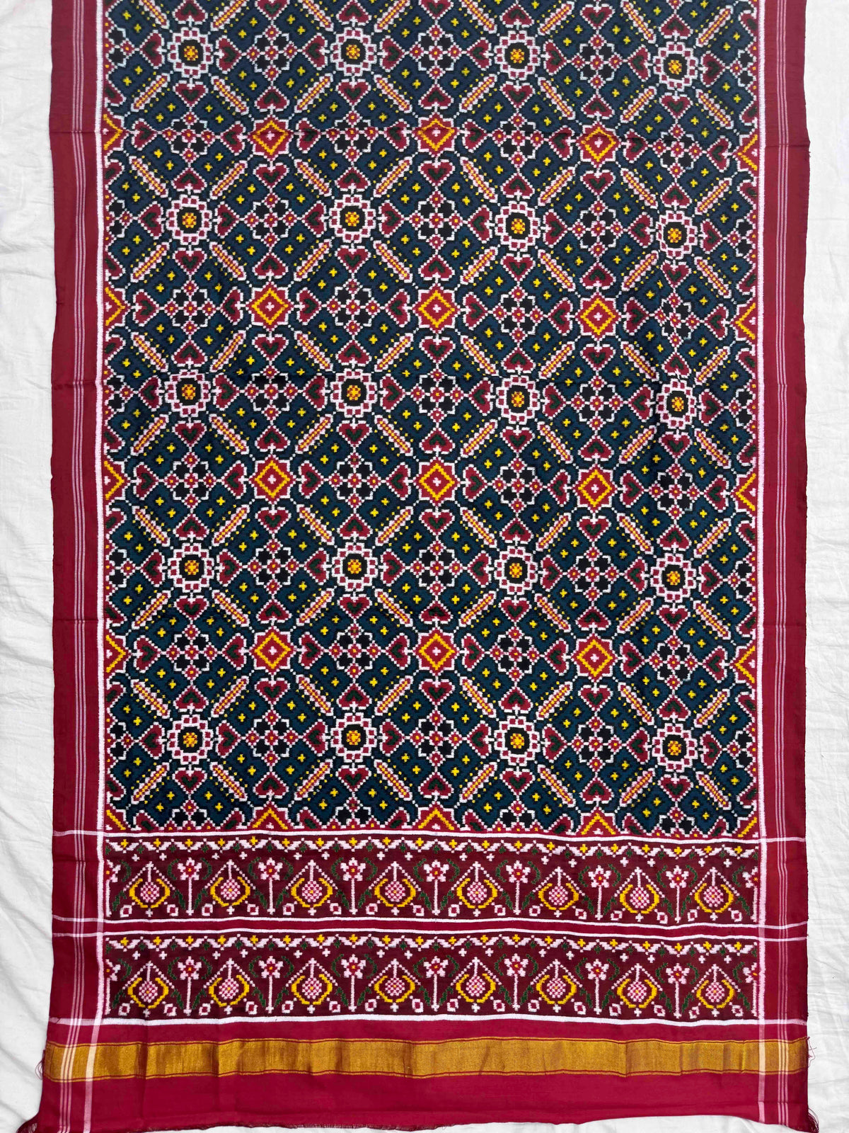 Red & Turquoise Dark Blue Manekchowk Double Ikat Patan Patola Dupatta