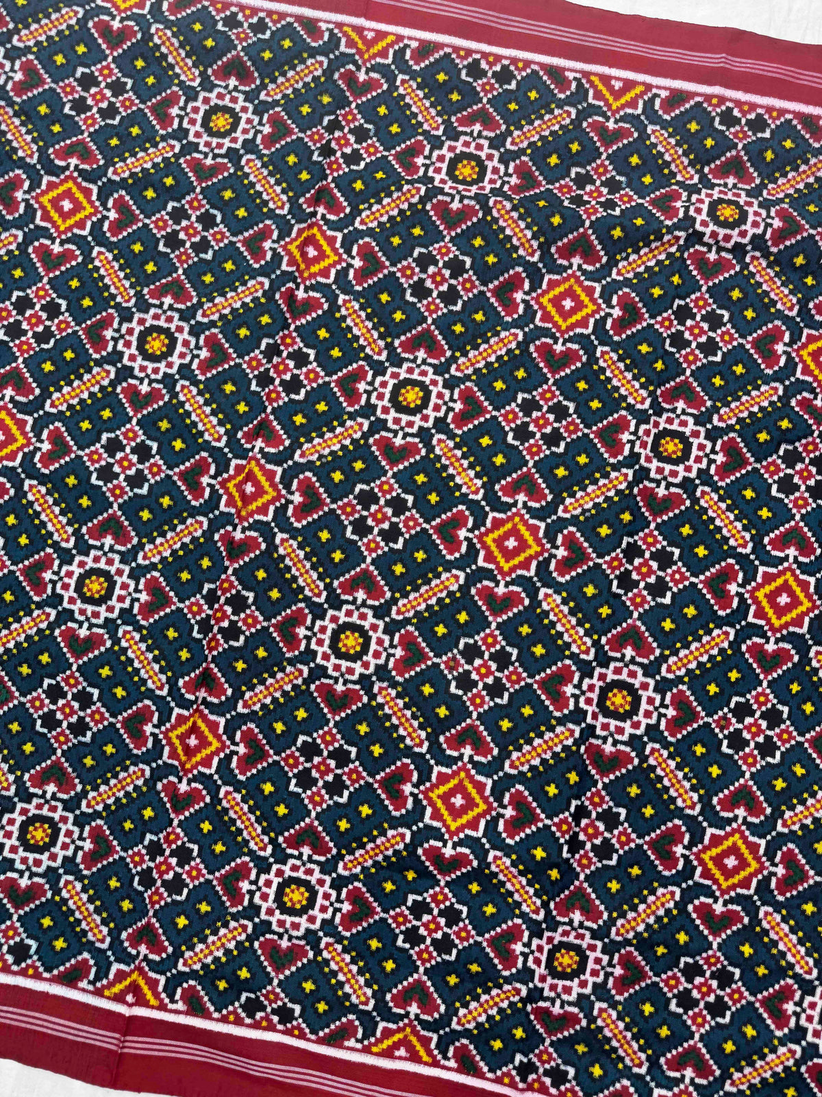 Red & Turquoise Dark Blue Manekchowk Double Ikat Patan Patola Dupatta