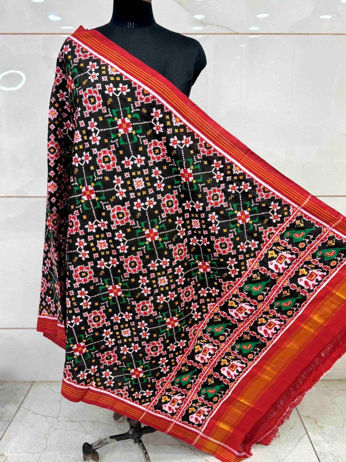 Red & Black Navratan Double Ikat Patan Patola Dupatta