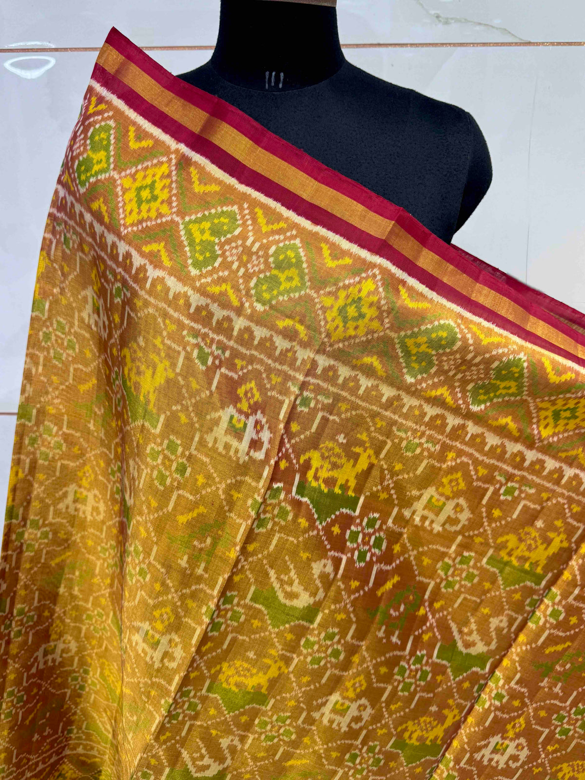 Maroon & Golden Small Star Narikunj Tissue Patola Dupatta