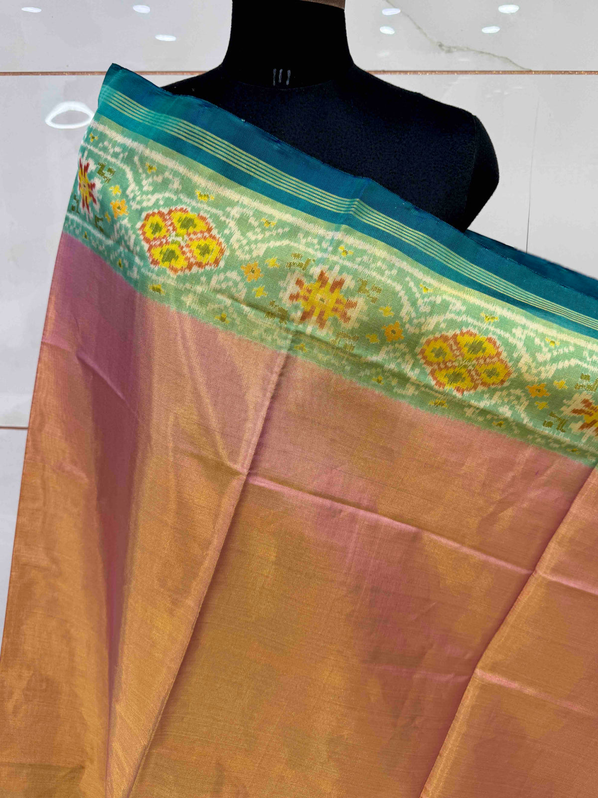 Turquoise & Peach Plain Tissue Patola Dupatta