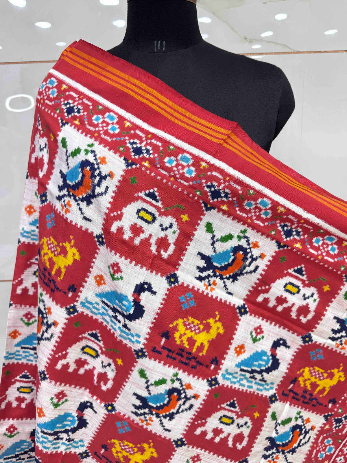 Tomato Red & White Square Narikunj Double Ikat Patan Patola Dupatta