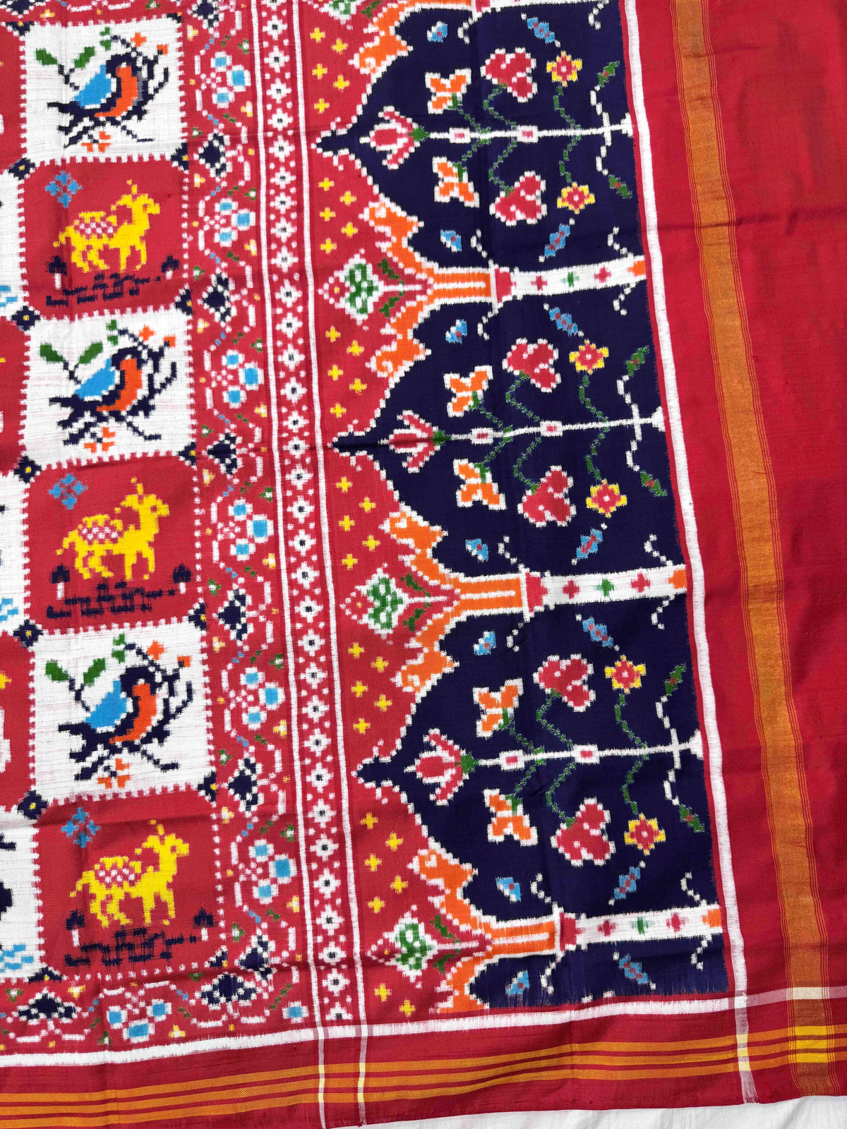 Tomato Red & White Square Narikunj Double Ikat Patan Patola Dupatta