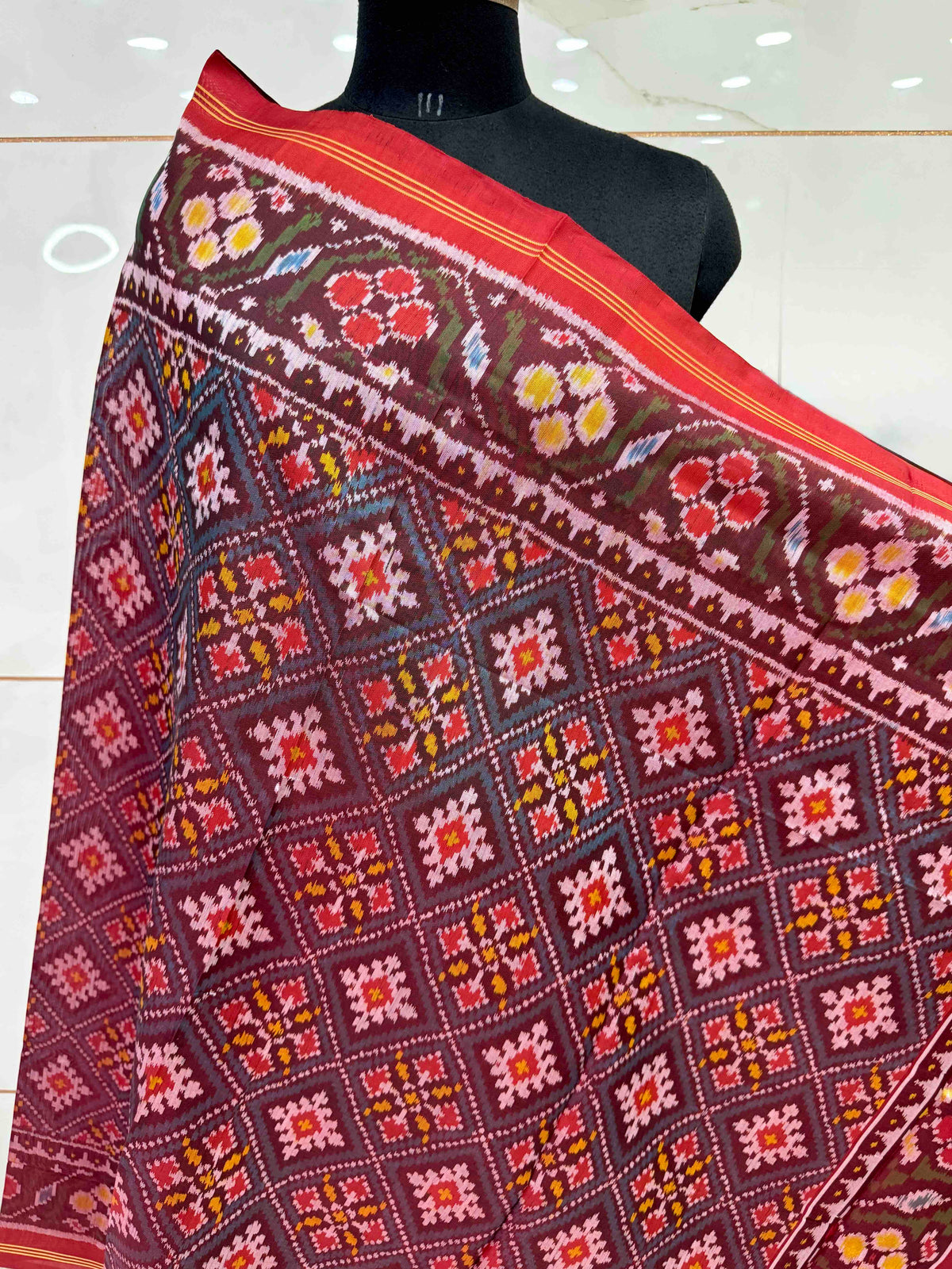 Red & Greyish Blue Panchanda Semi Double Ikat Patola Dupatta