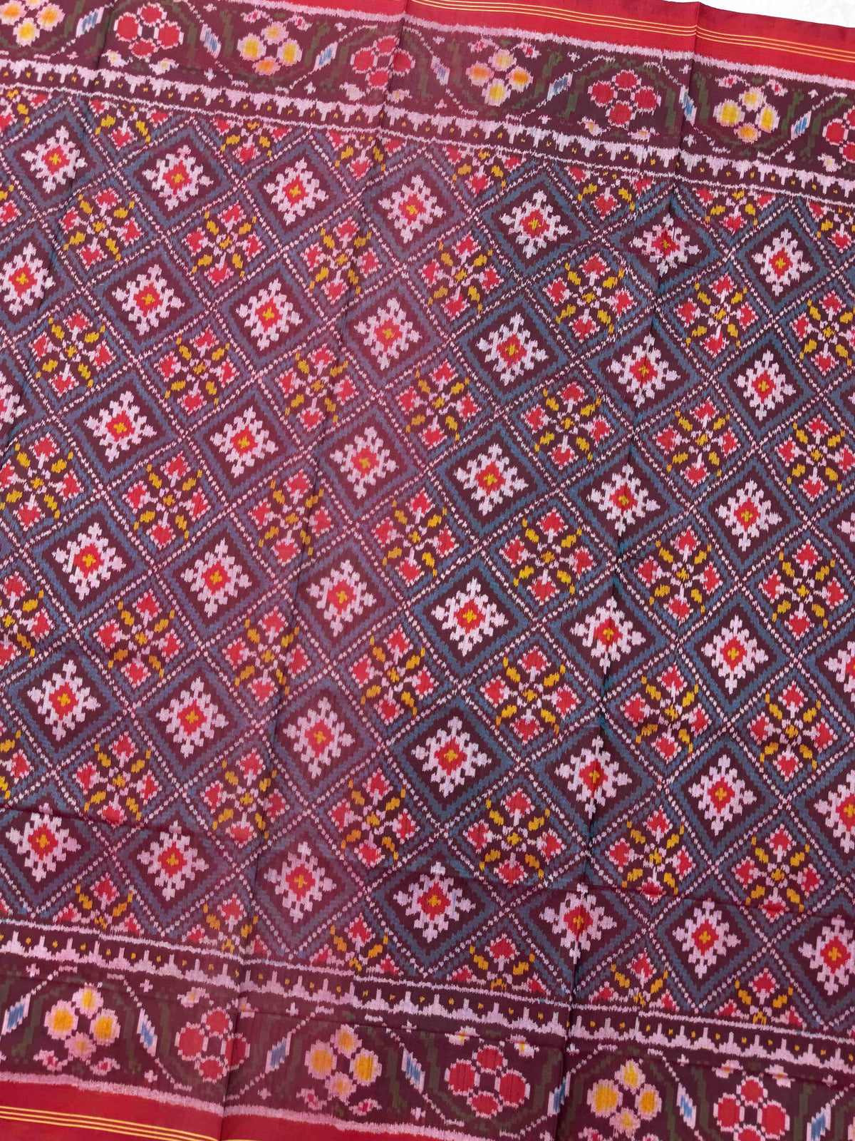 Red & Greyish Blue Panchanda Semi Double Ikat Patola Dupatta