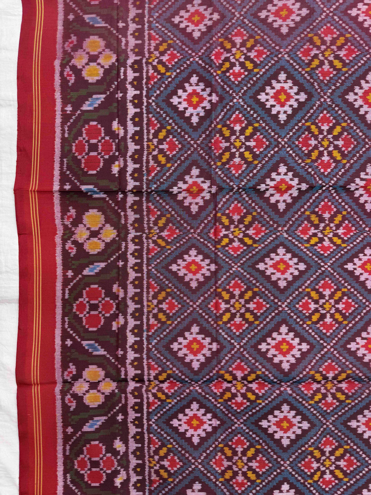 Red & Greyish Blue Panchanda Semi Double Ikat Patola Dupatta