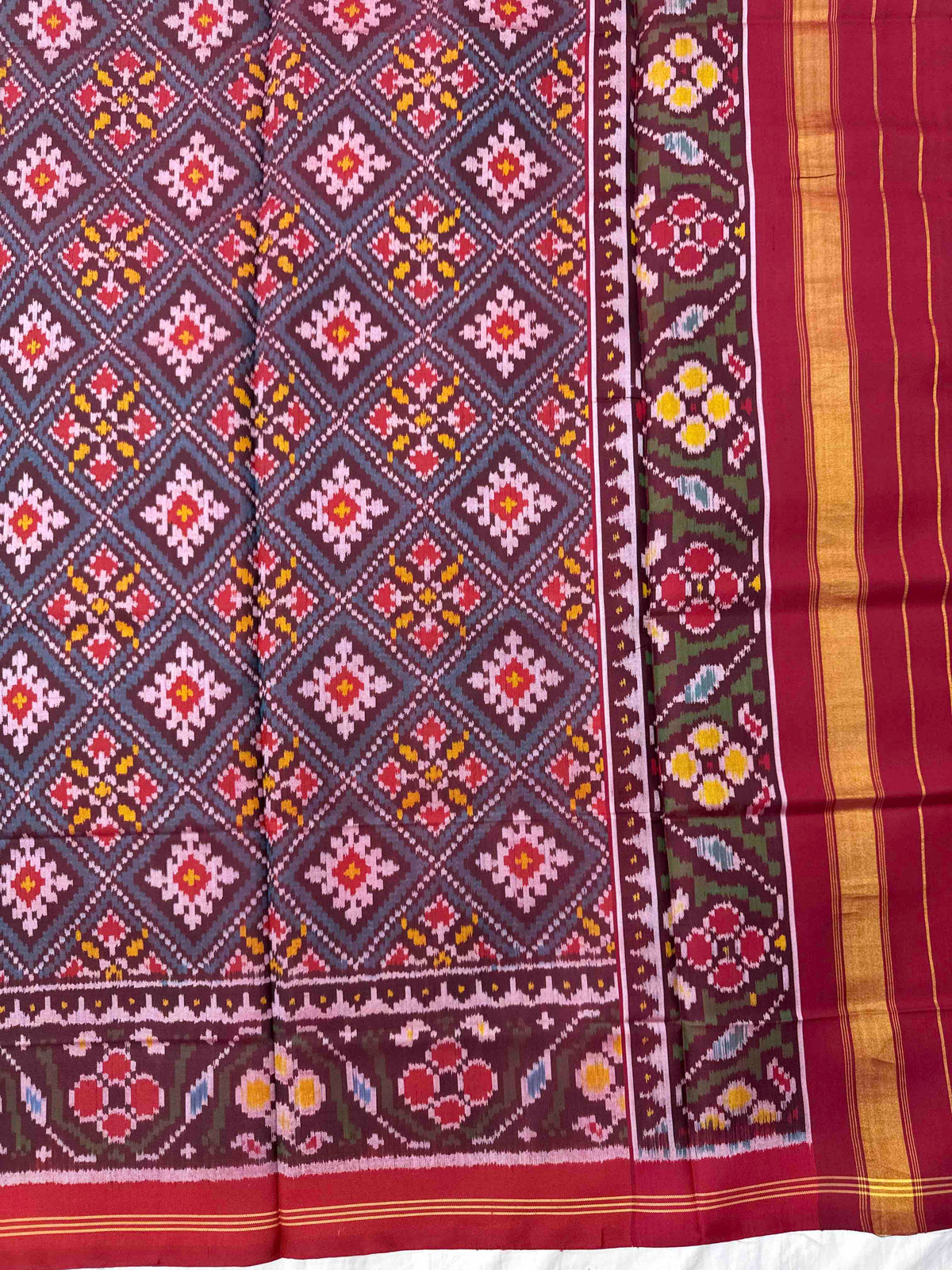 Red & Greyish Blue Panchanda Semi Double Ikat Patola Dupatta