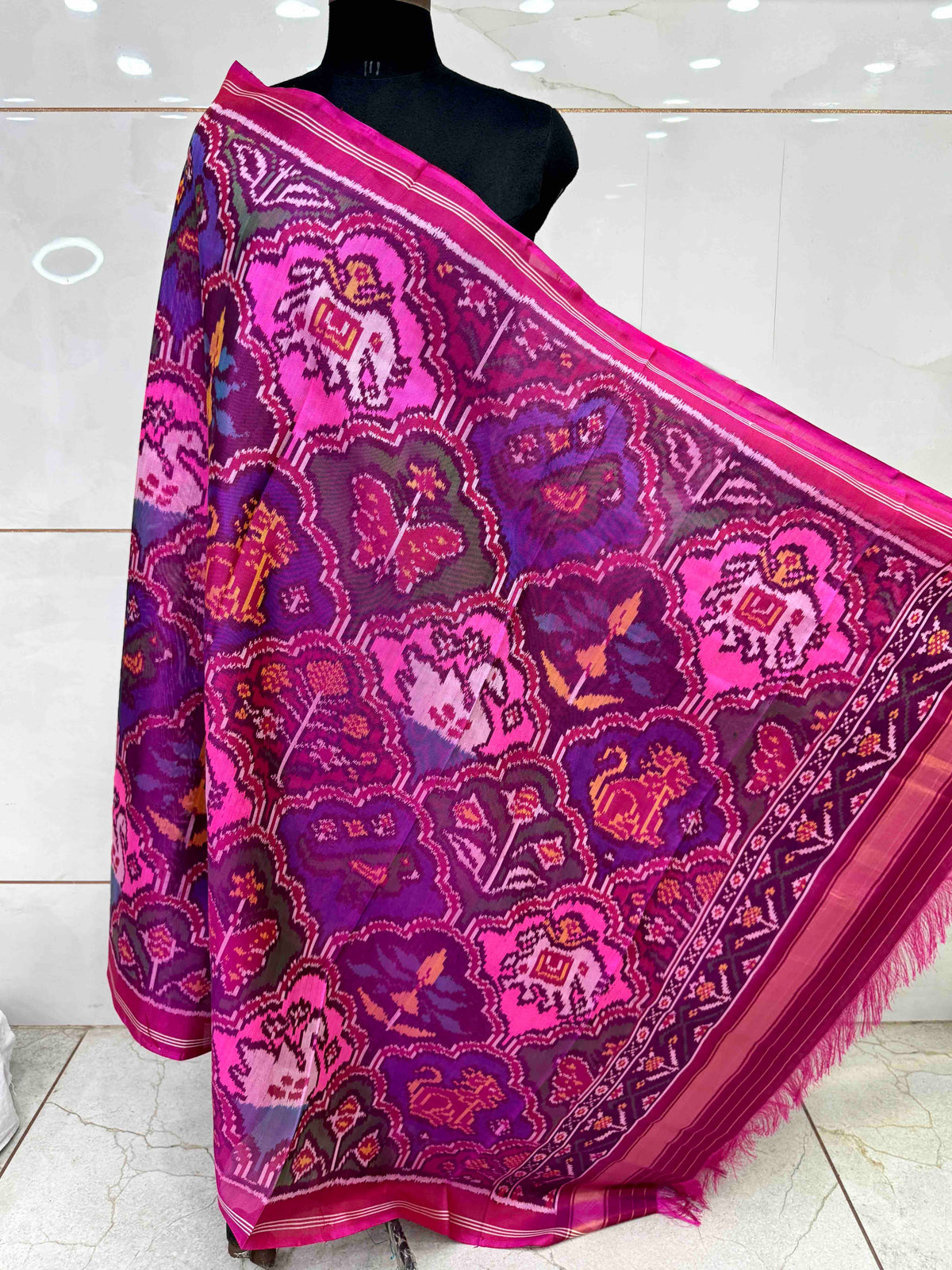 Pink & Multicolour Fancy Narikunj Semi Double Ikat Patola Dupatta