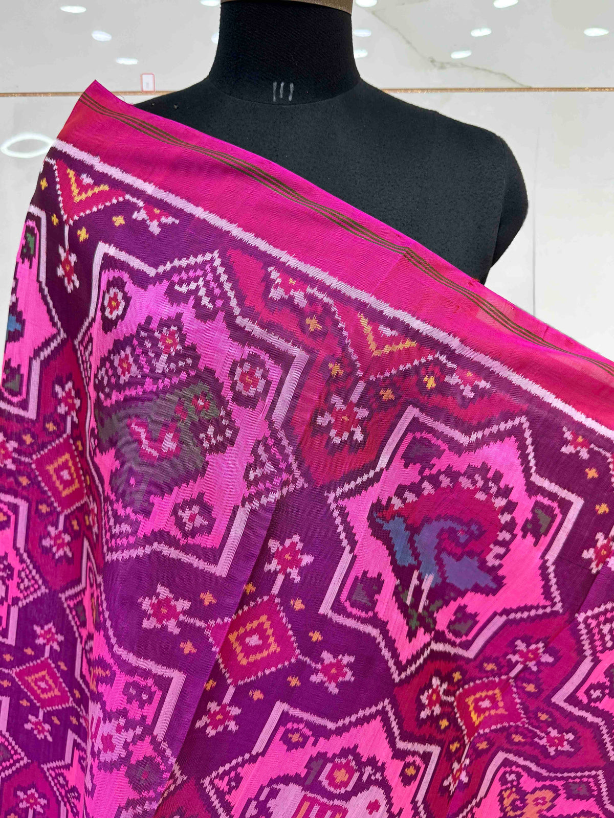 Pink & Multicolour Star Narikunj Semi Double Ikat Patola Dupatta
