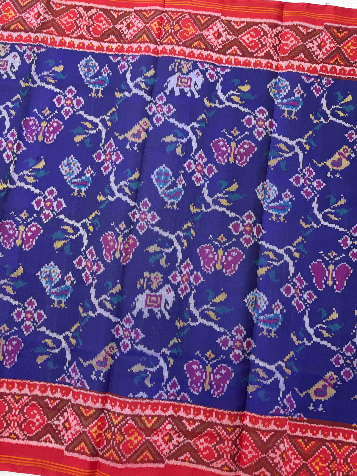 Red & Blue Fancy Leaves Narikunj Semi Double Ikat Patola Dupatta