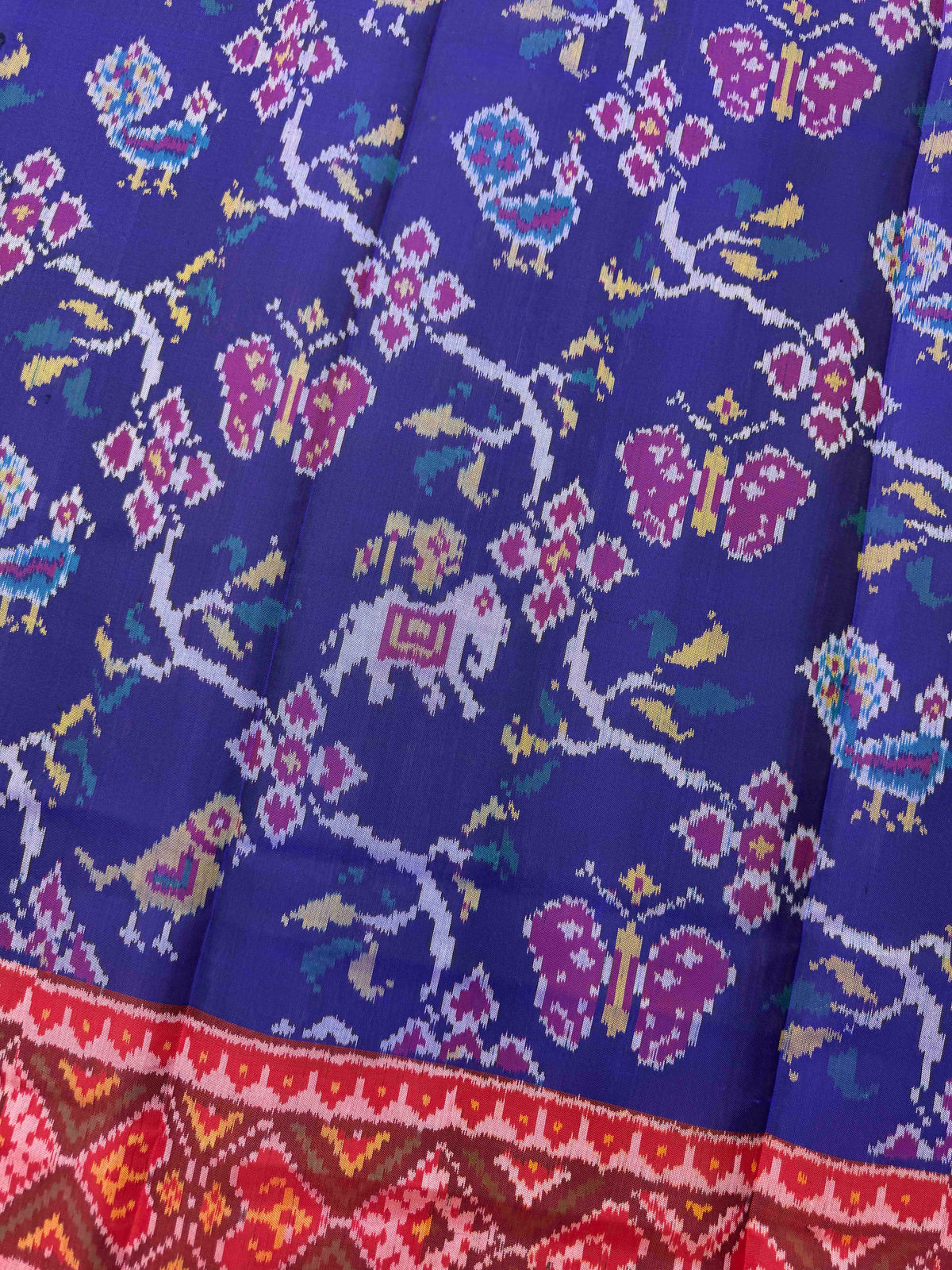 Red & Blue Fancy Leaves Narikunj Semi Double Ikat Patola Dupatta