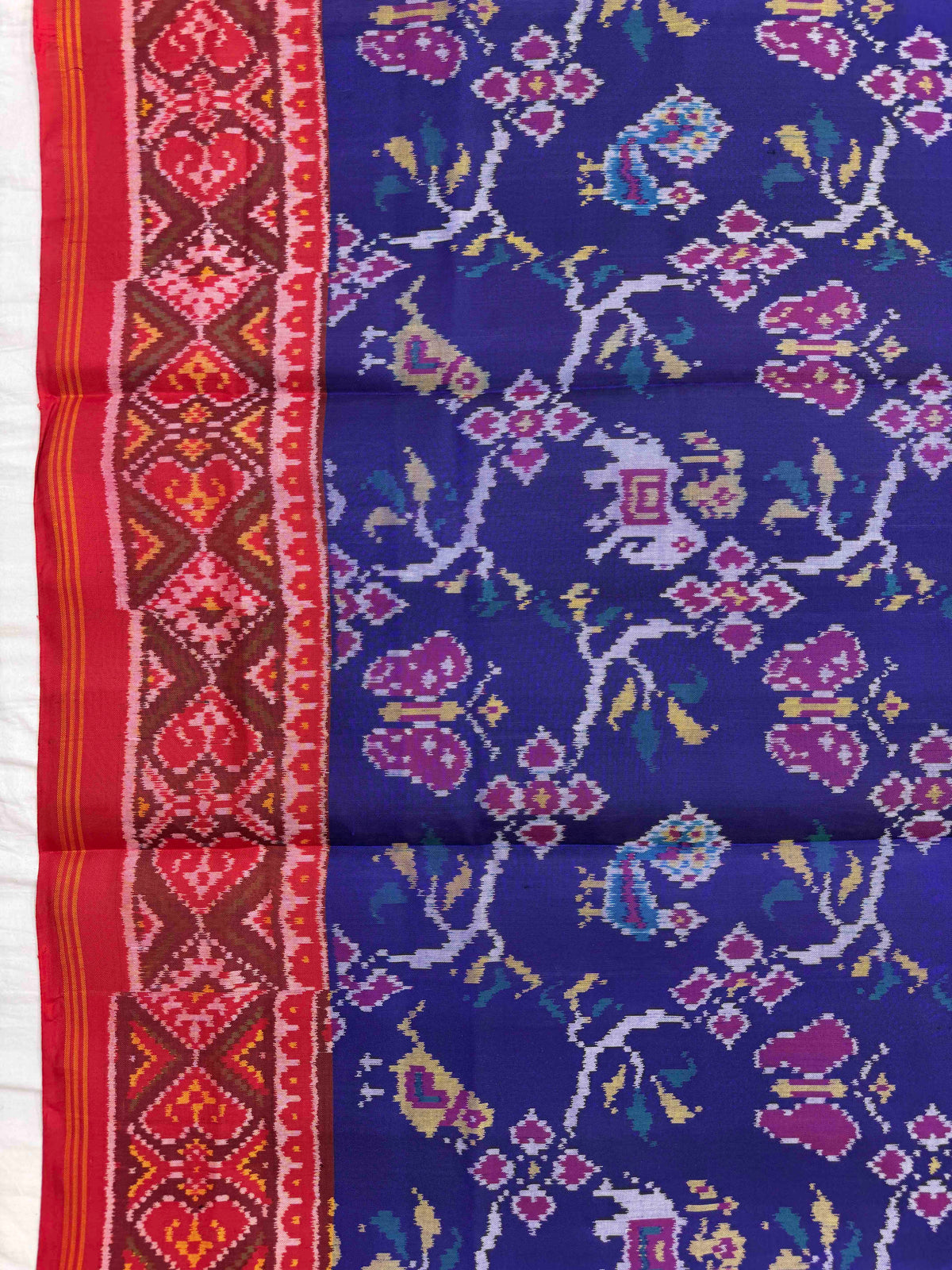 Red & Blue Fancy Leaves Narikunj Semi Double Ikat Patola Dupatta