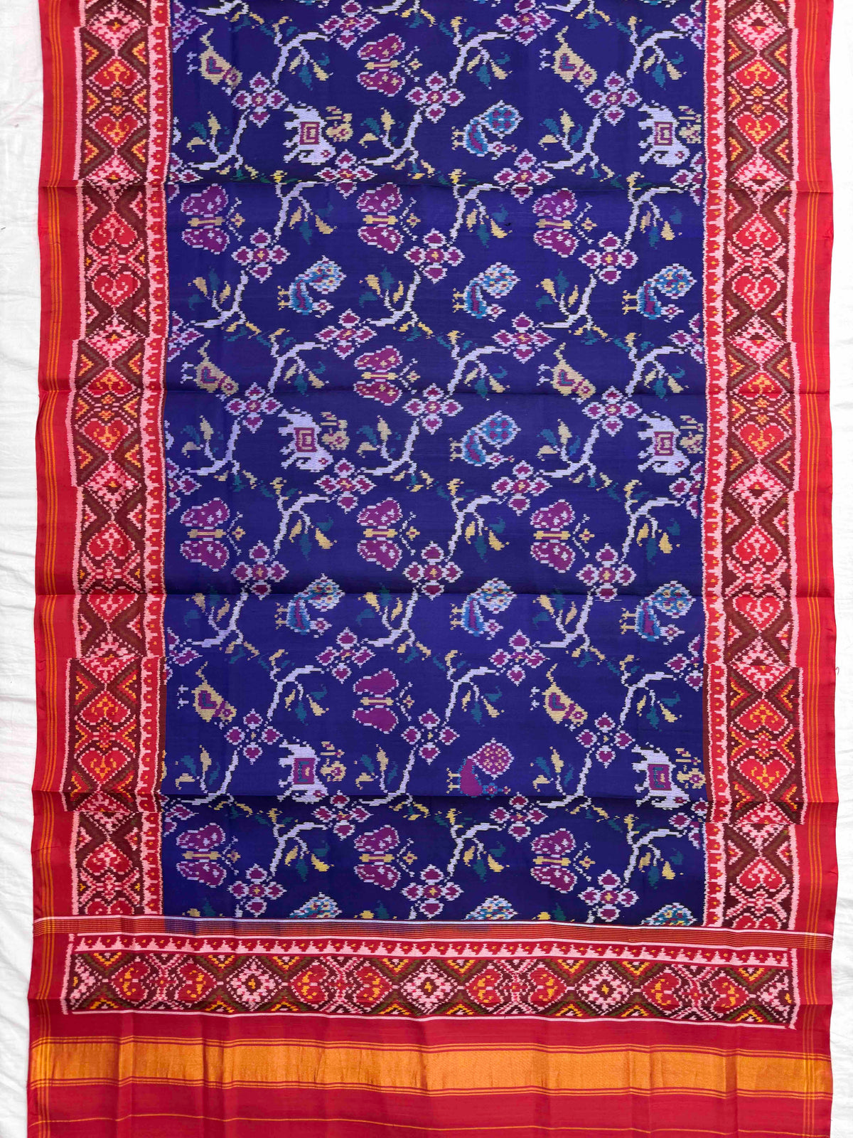 Red & Blue Fancy Leaves Narikunj Semi Double Ikat Patola Dupatta