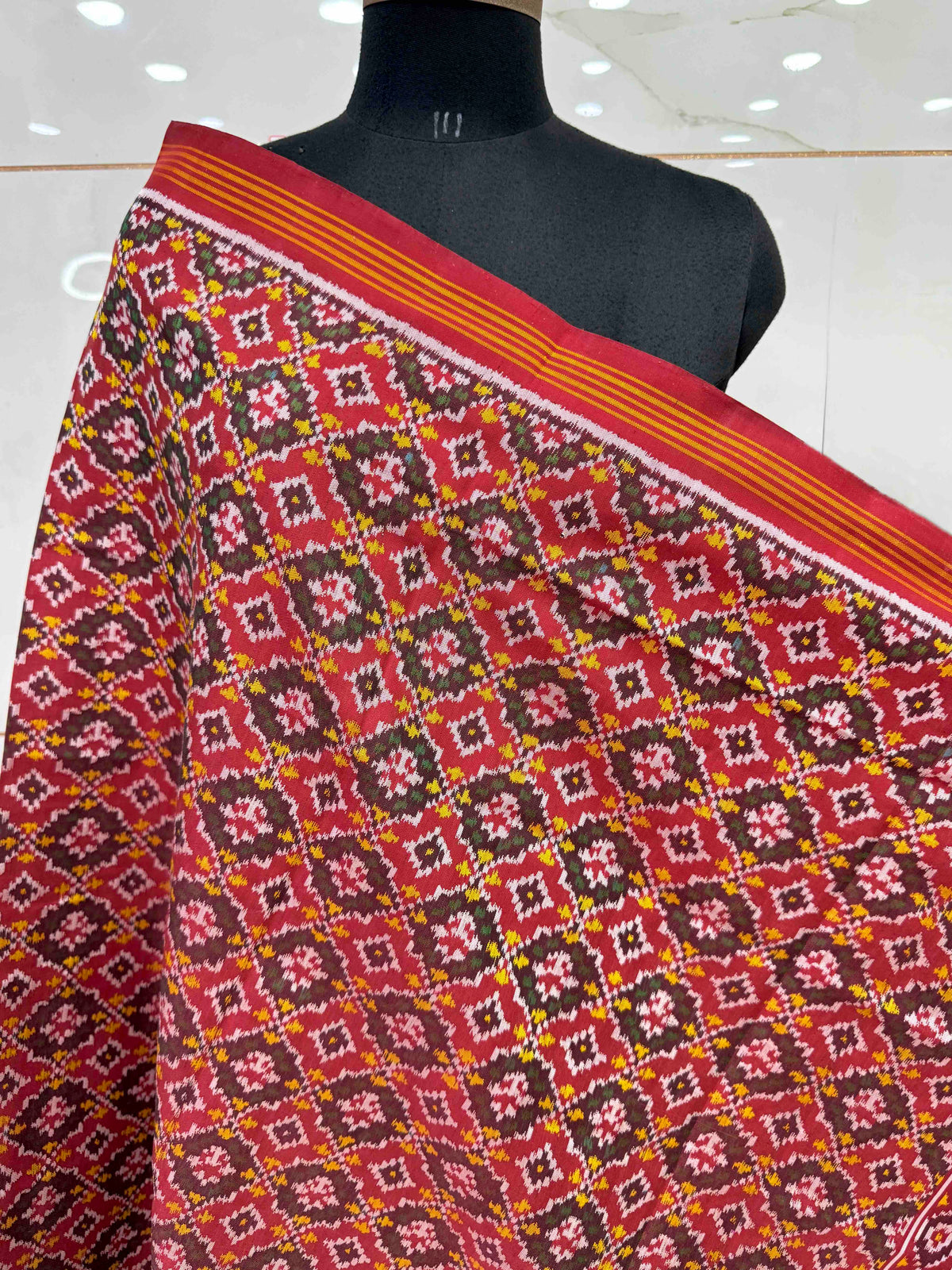 Red Buttonful Semi Double Ikat Patola Dupatta