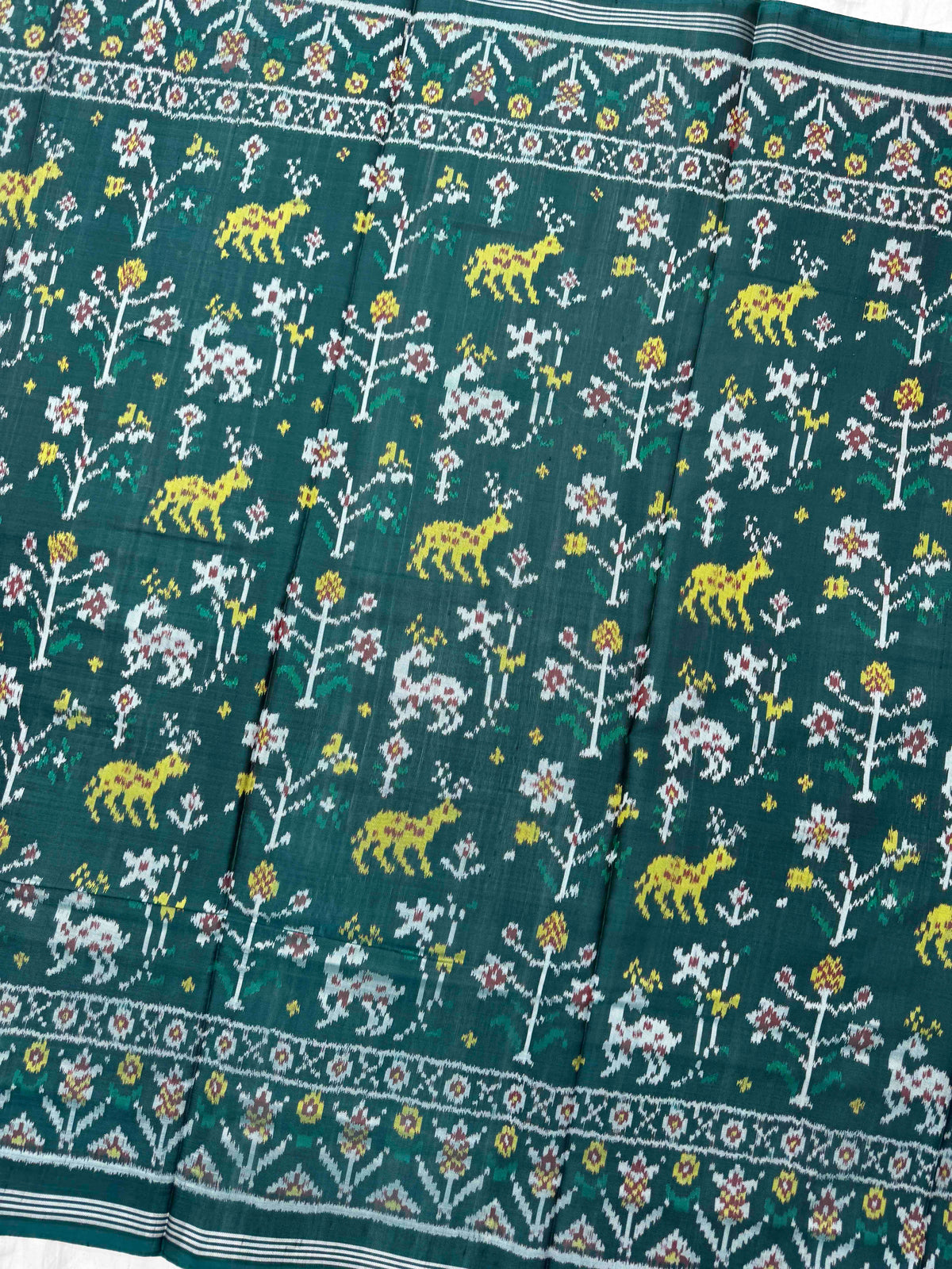 Turquoise Green Fancy Flower Deer Semi Double Ikat Patola Dupatta