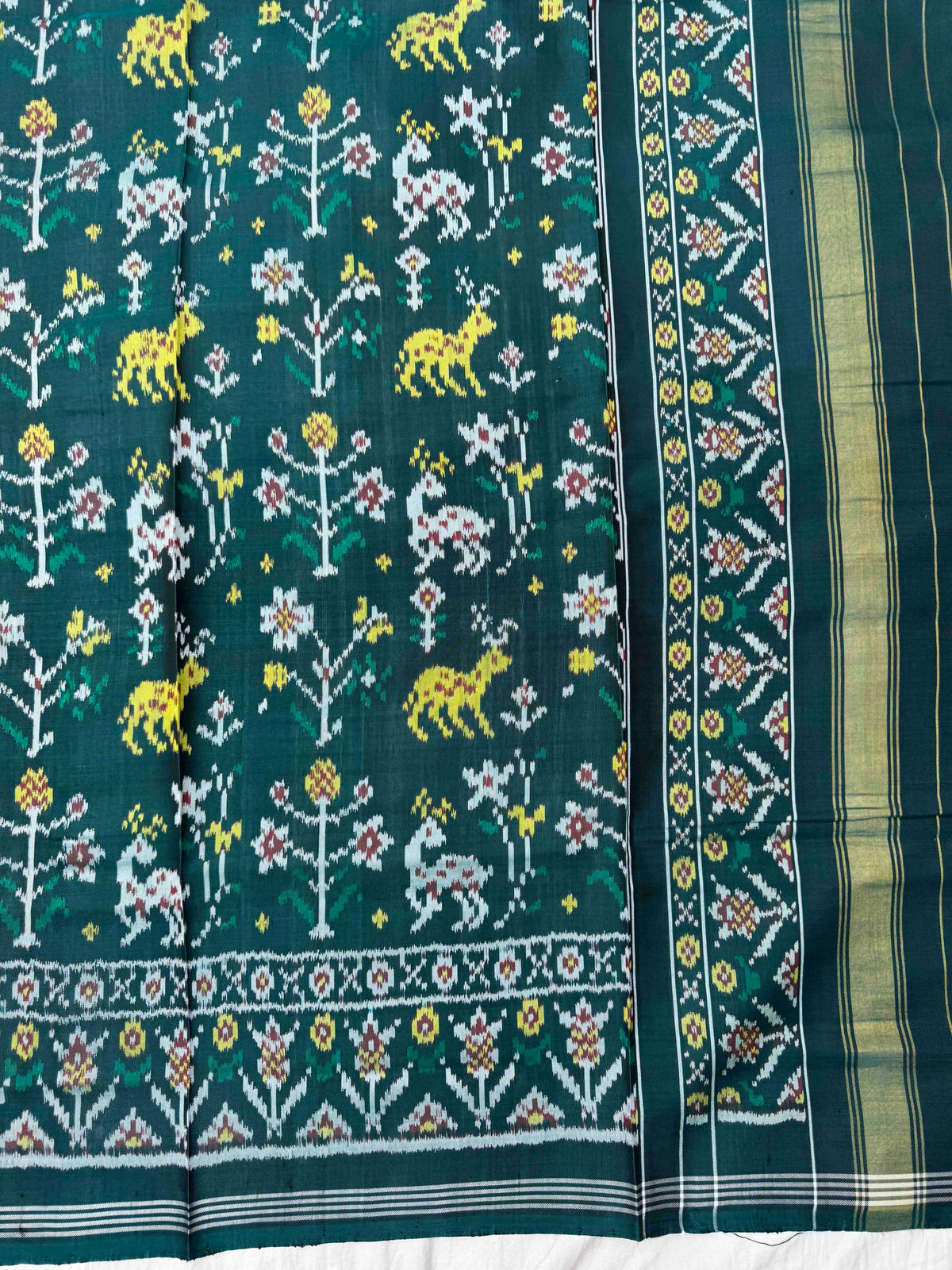 Turquoise Green Fancy Flower Deer Semi Double Ikat Patola Dupatta