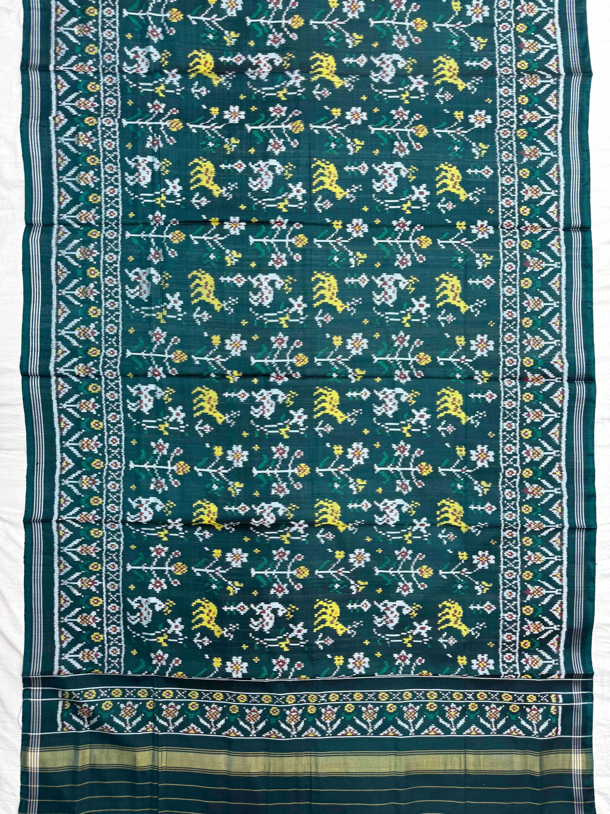 Turquoise Green Fancy Flower Deer Semi Double Ikat Patola Dupatta