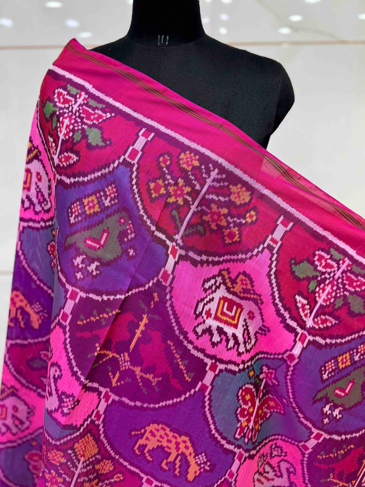 Pink & Multicolour Fancy Narikunj Semi Double Ikat Patola Dupatta