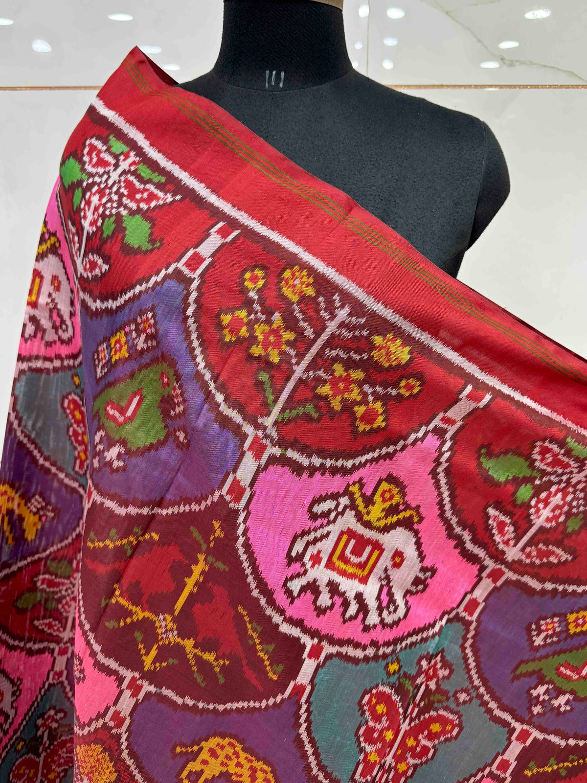 Red & Multicolour Fancy Narikunj Semi Double Ikat Patola Dupatta