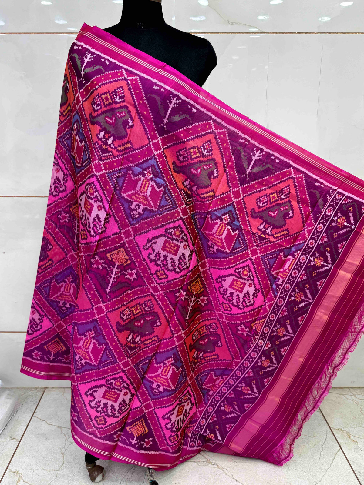 Pink & Multicolour Narikunj Semi Double Ikat Patola Dupatta