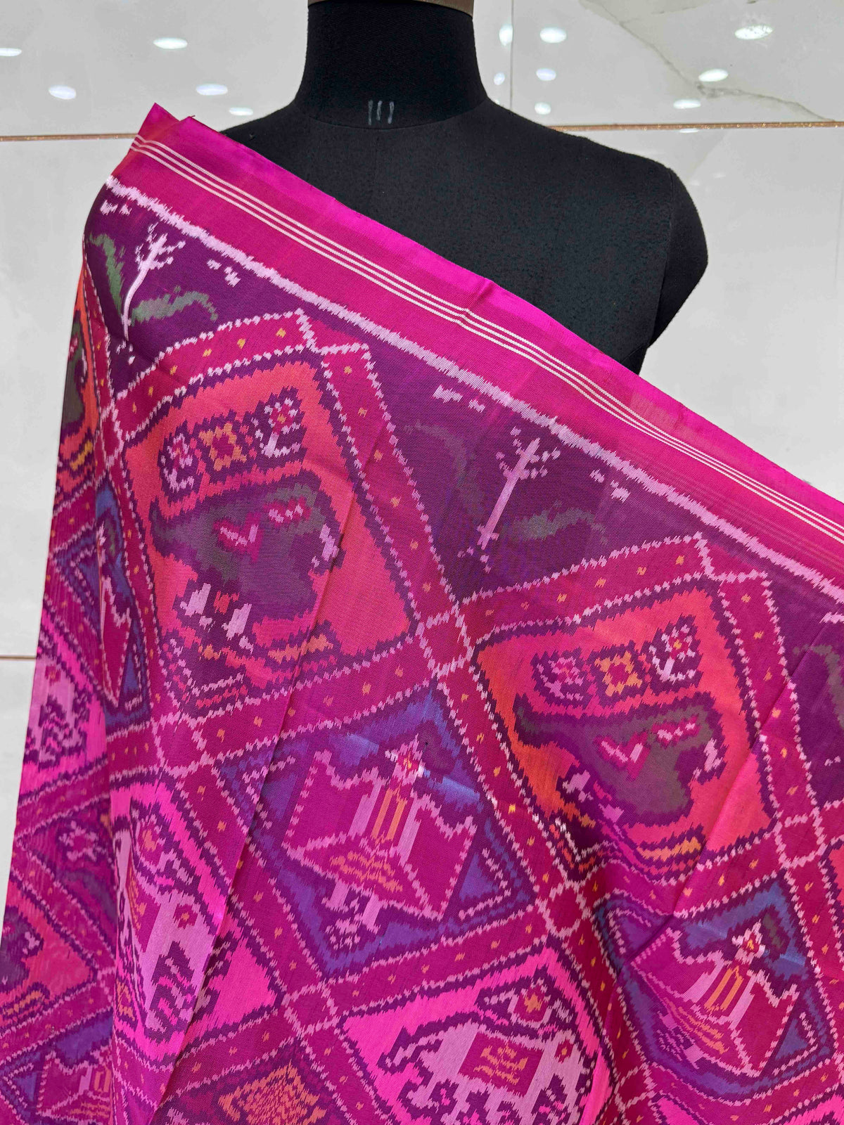 Pink & Multicolour Narikunj Semi Double Ikat Patola Dupatta