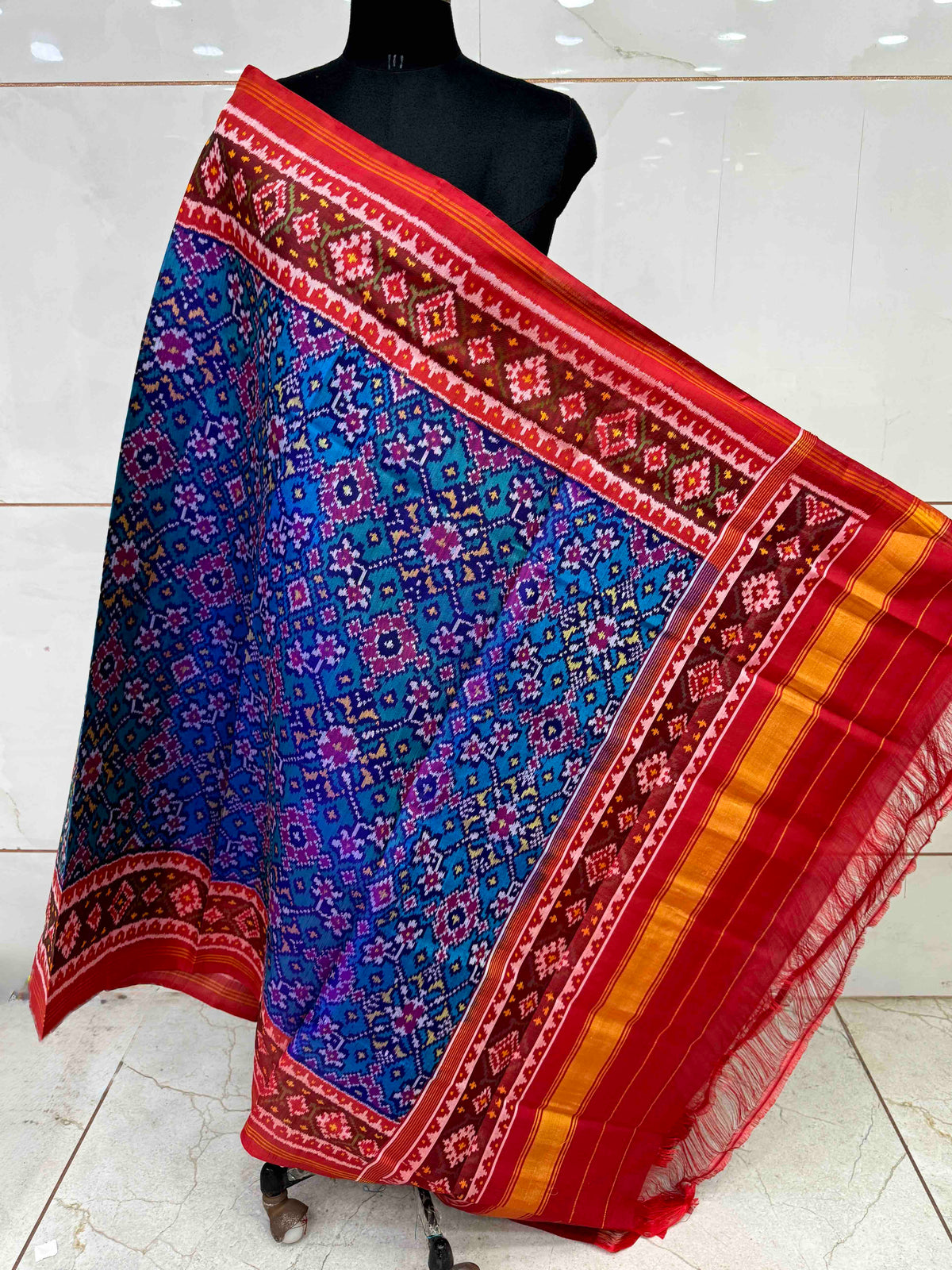 Red & Sky Blue Navratan Semi Double Ikat Patola Dupatta
