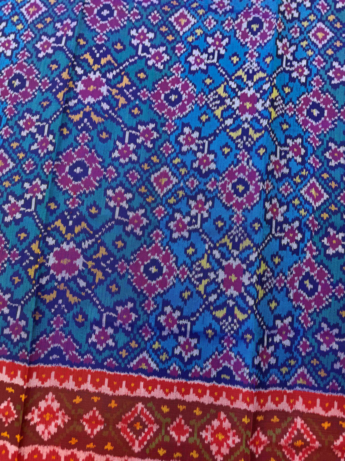 Red & Sky Blue Navratan Semi Double Ikat Patola Dupatta