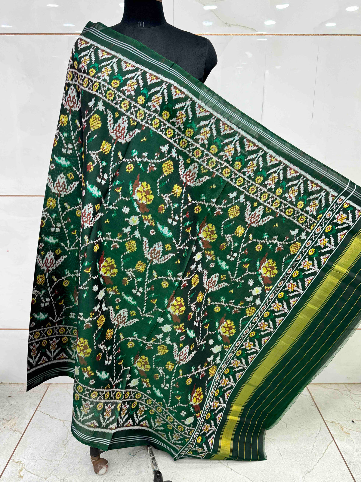 Dark Green Fancy Leaves Semi Double Ikat Patola Dupatta