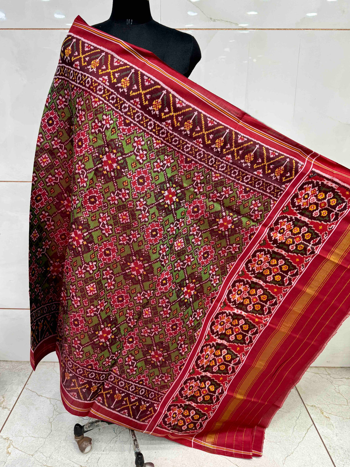 Red & Light Green Navratan Semi Double Ikat Patola Dupatta