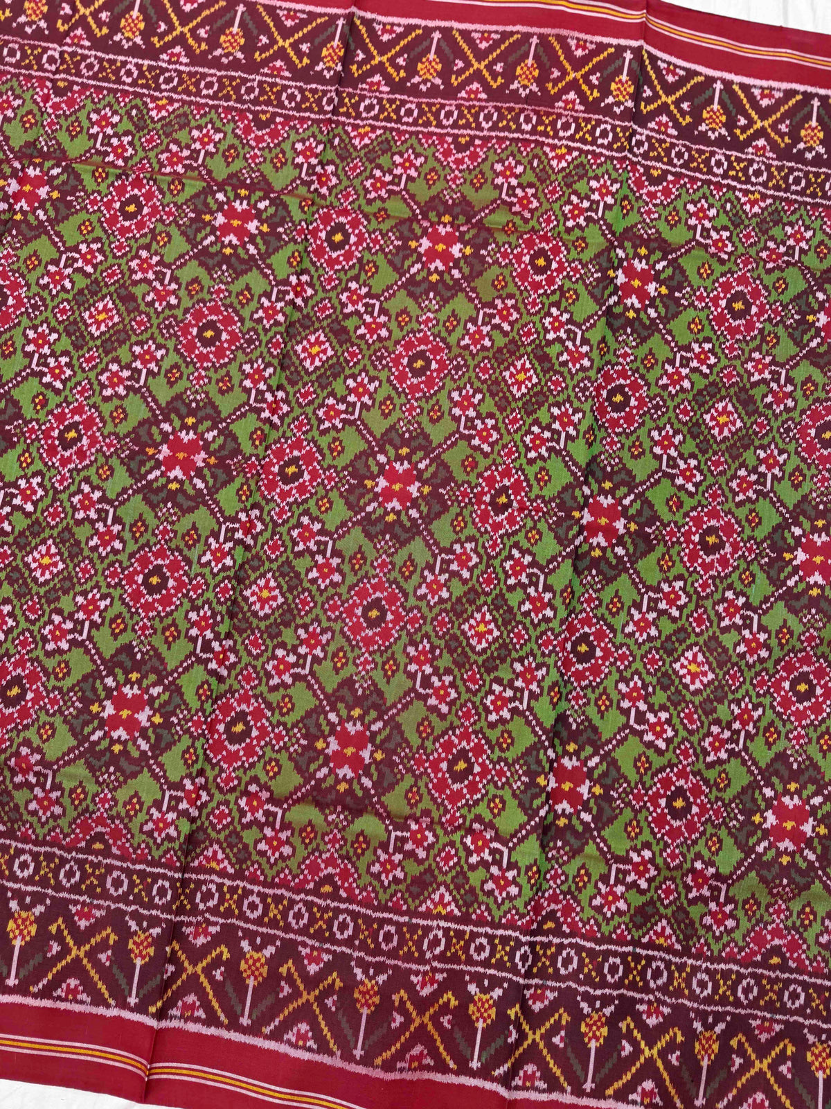 Red & Light Green Navratan Semi Double Ikat Patola Dupatta