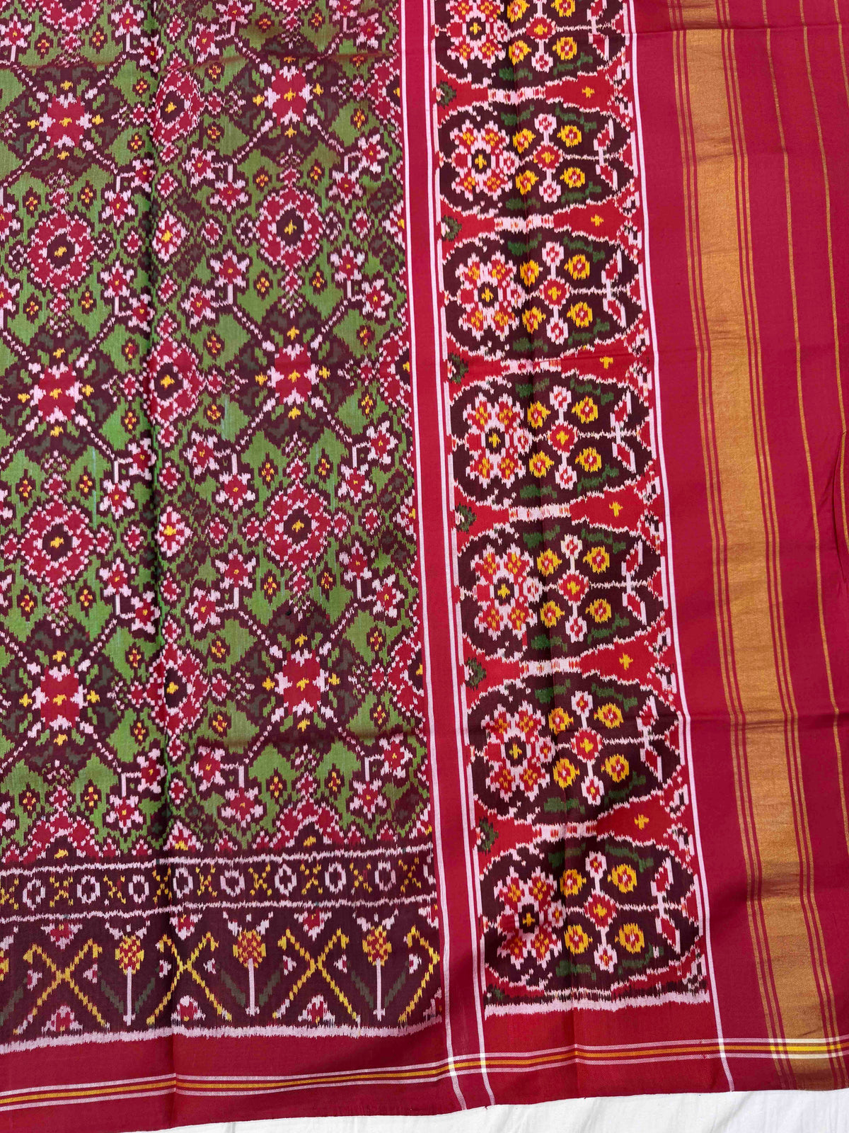 Red & Light Green Navratan Semi Double Ikat Patola Dupatta
