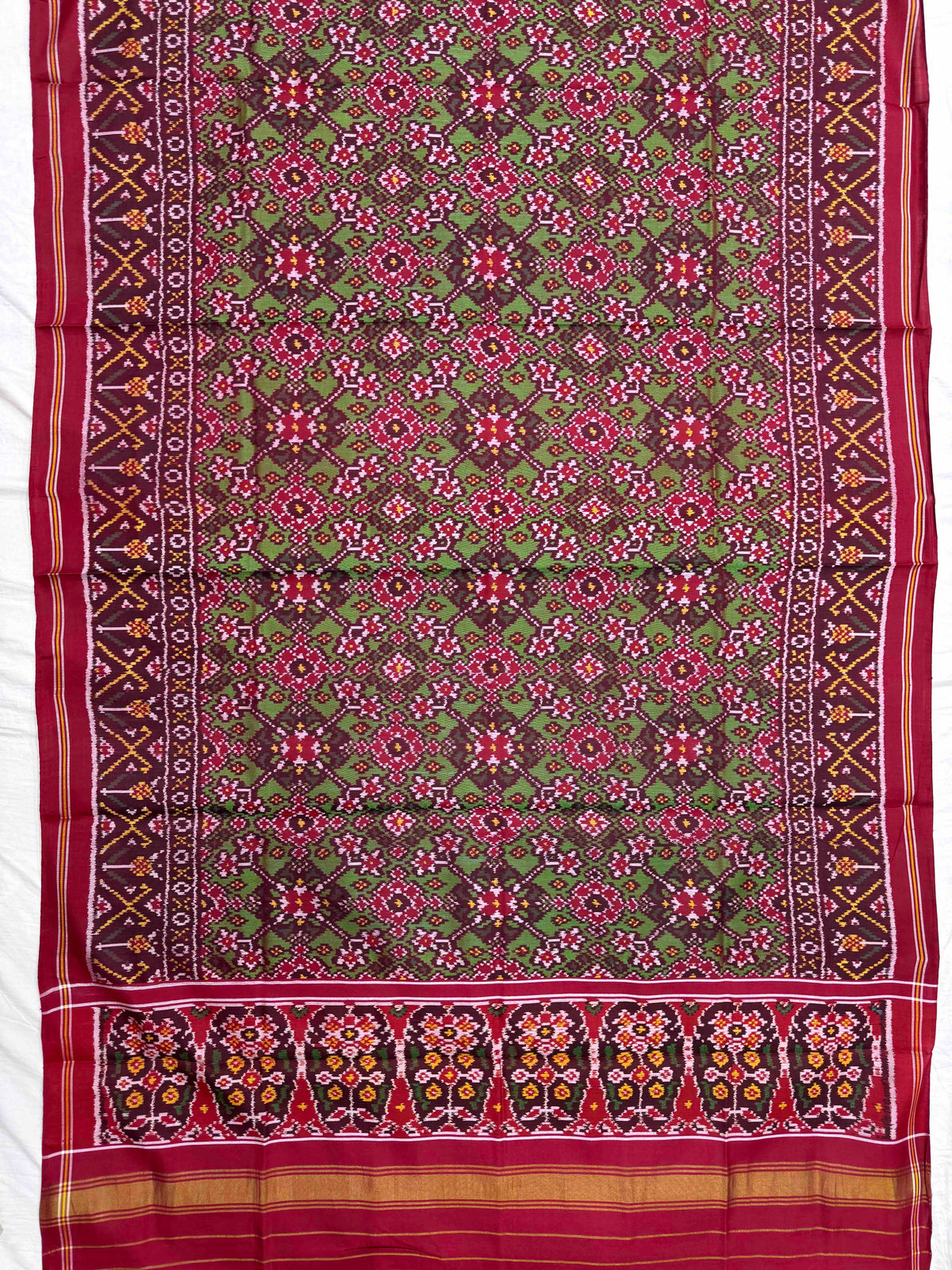 Red & Light Green Navratan Semi Double Ikat Patola Dupatta