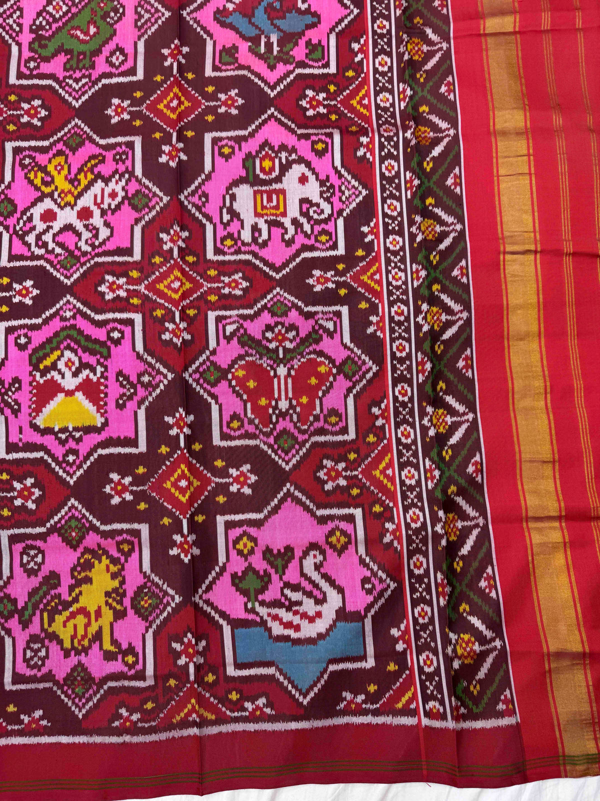 Red & Light Pink Star Narikunj Semi Double Ikat Patola Dupatta