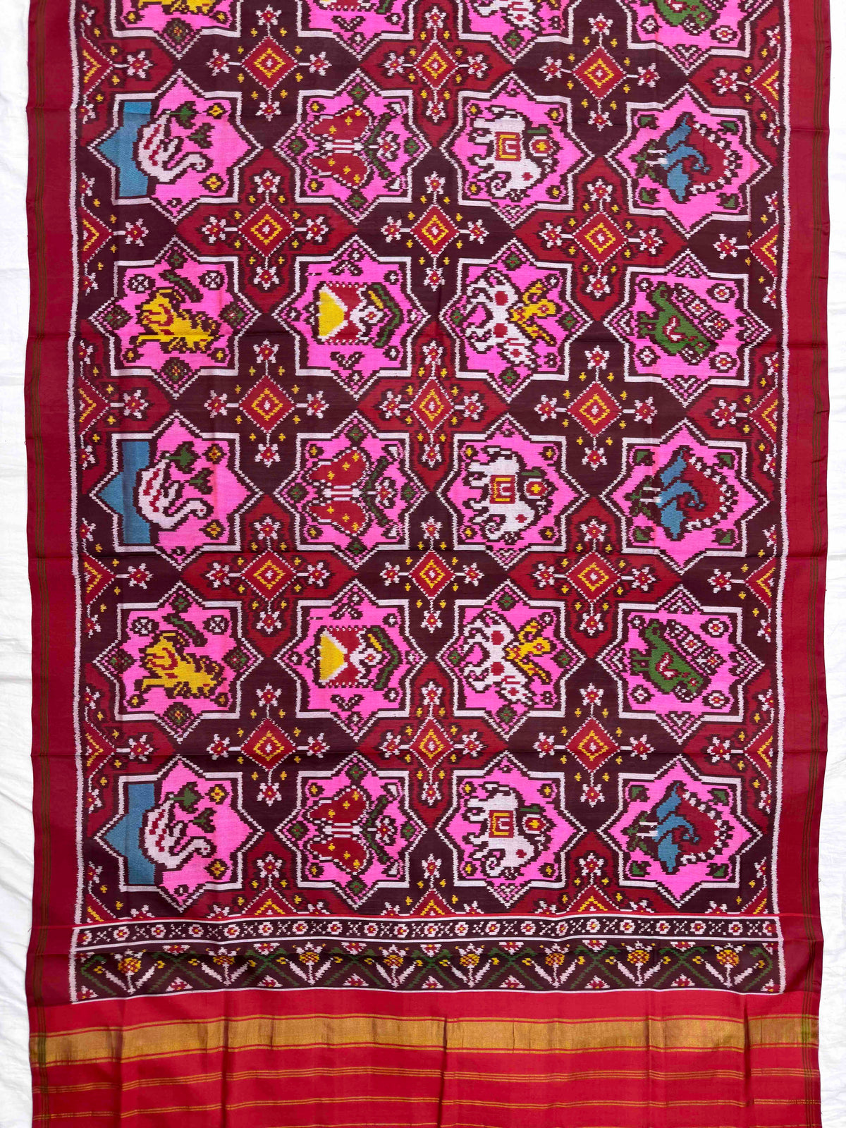 Red & Light Pink Star Narikunj Semi Double Ikat Patola Dupatta