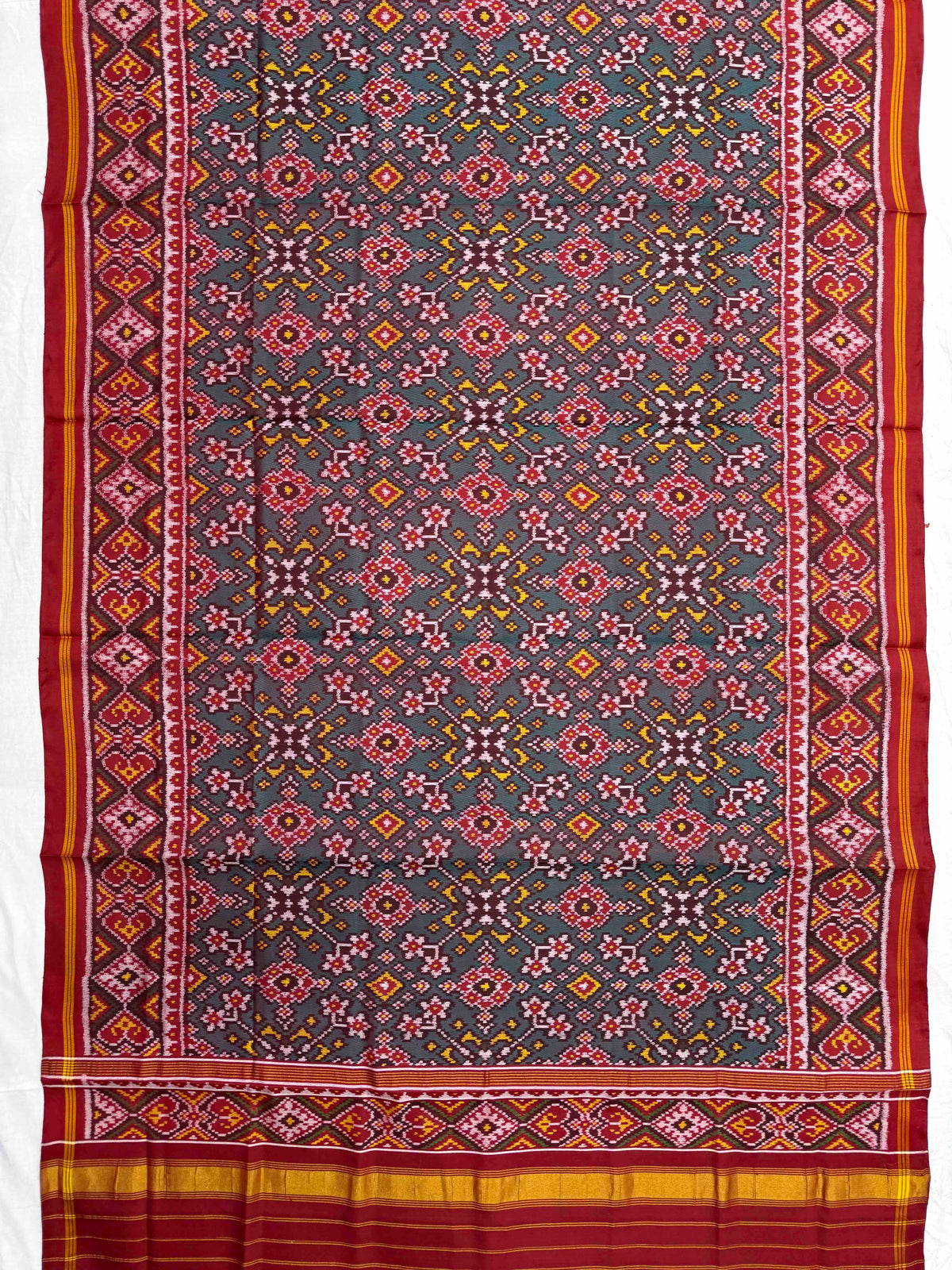 Red & Turquoise Green Navratan Semi Double Ikat Patola Dupatta