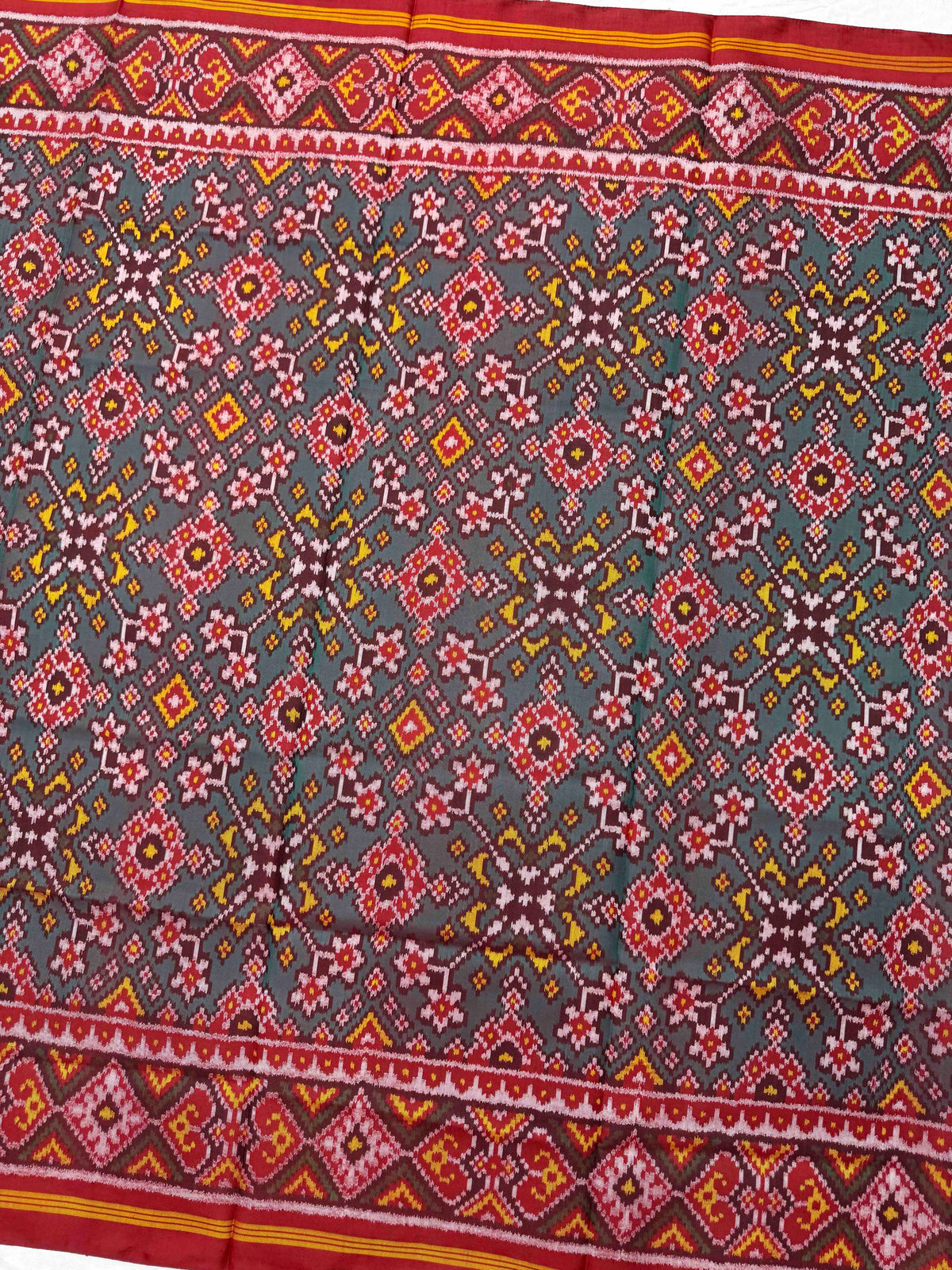 Red & Turquoise Green Navratan Semi Double Ikat Patola Dupatta