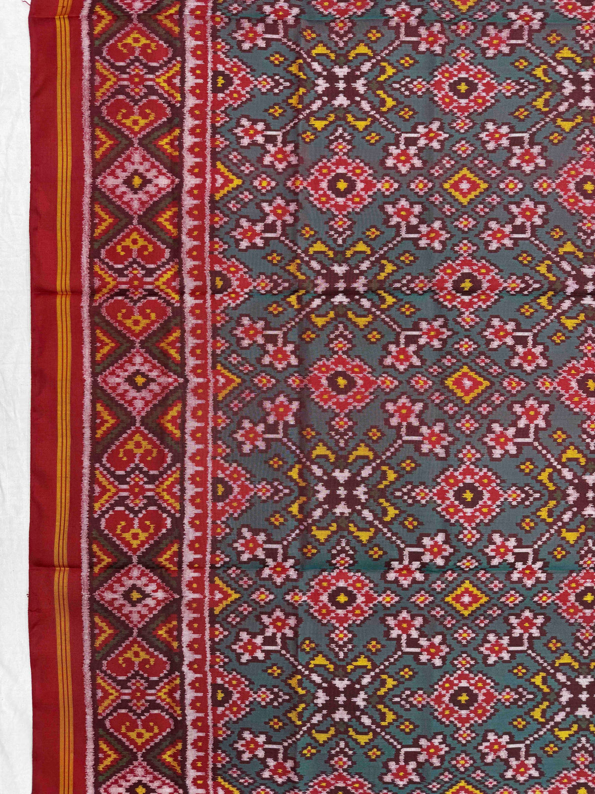Red & Turquoise Green Navratan Semi Double Ikat Patola Dupatta
