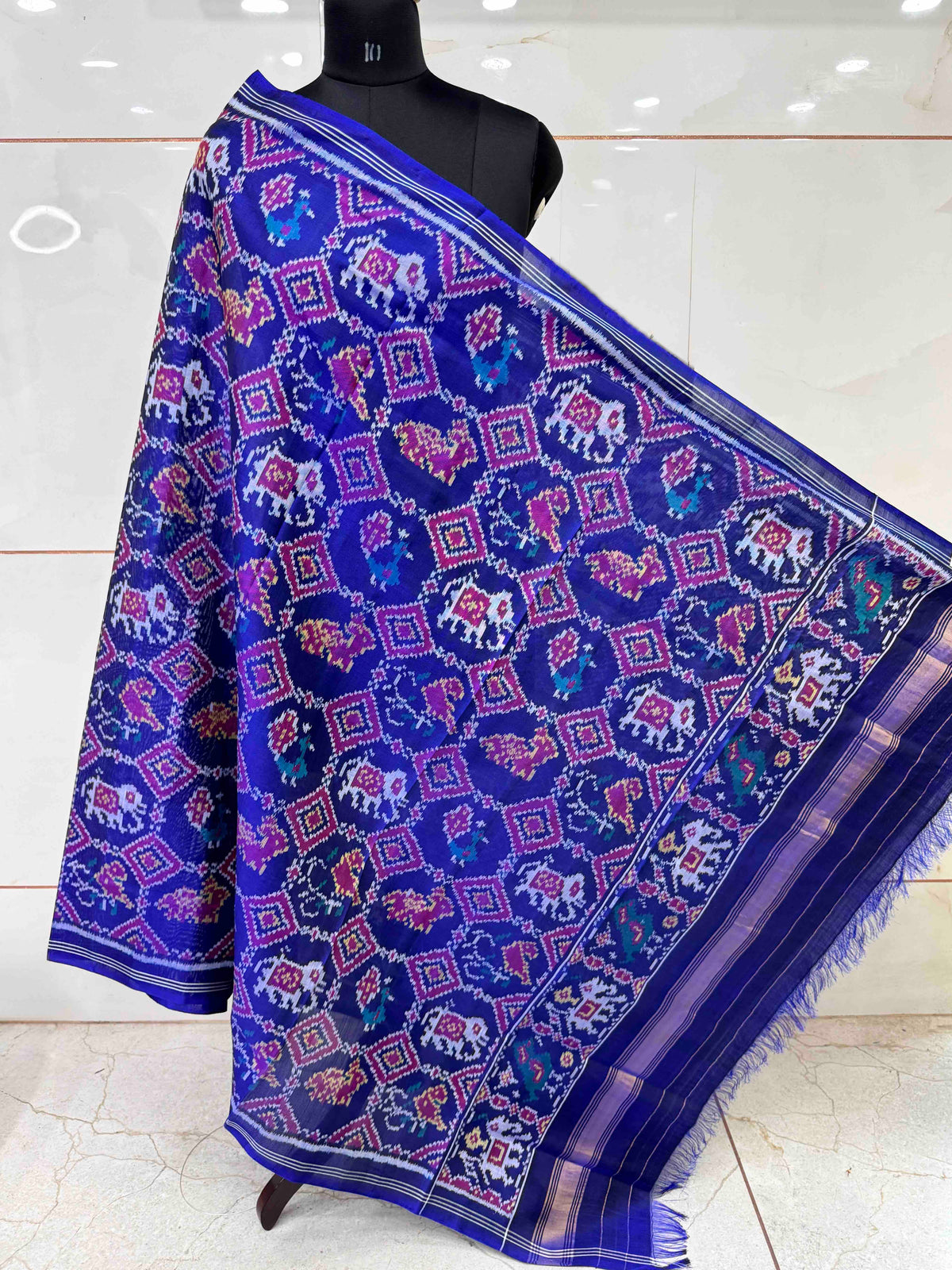 Purplish Blue Fancy Narikunj Semi Double Ikat Patola Dupatta