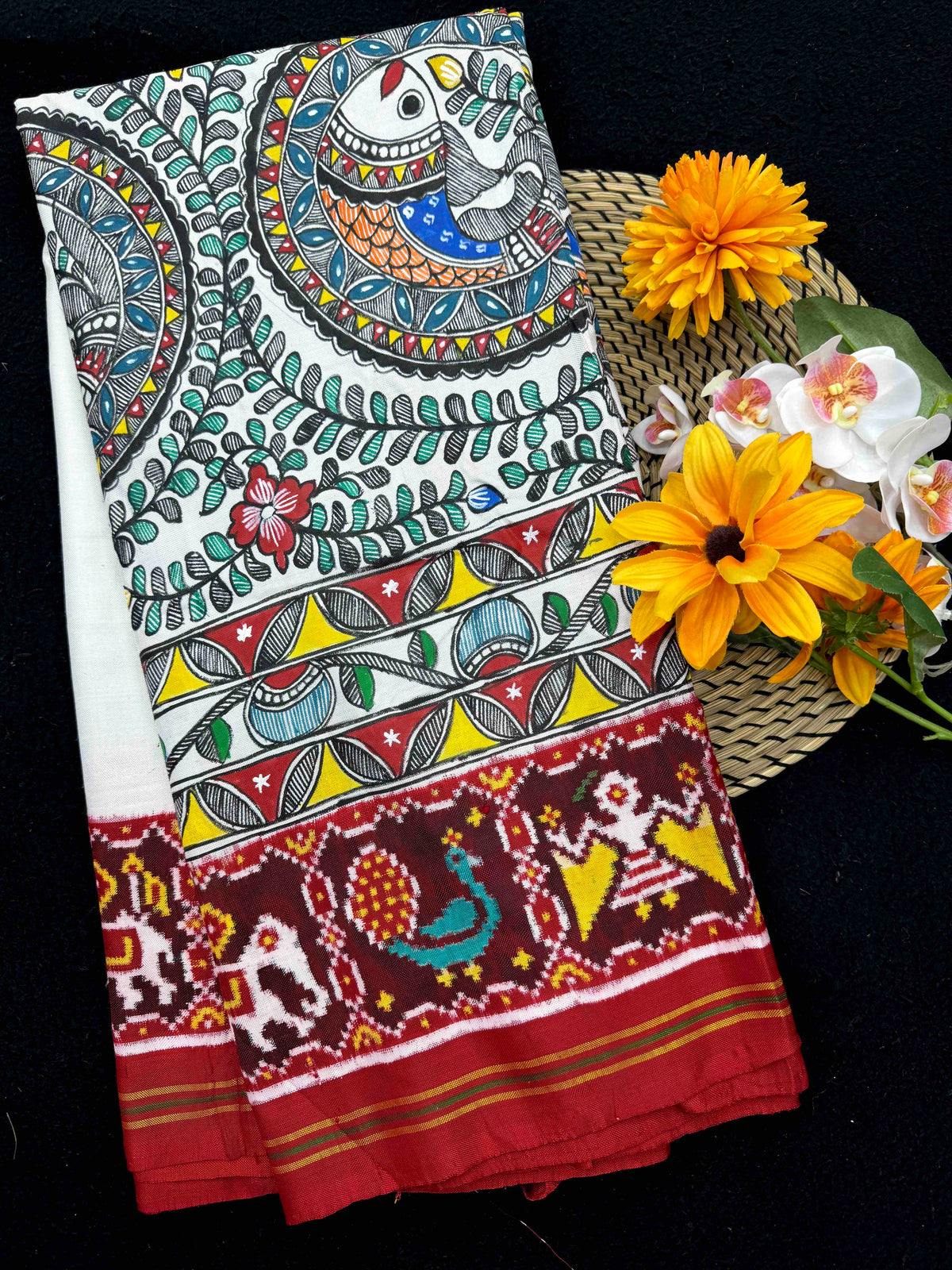 Maroon & White Madhubani Hand Painting with Fusion Design Double Ikat Patan Patola Saree