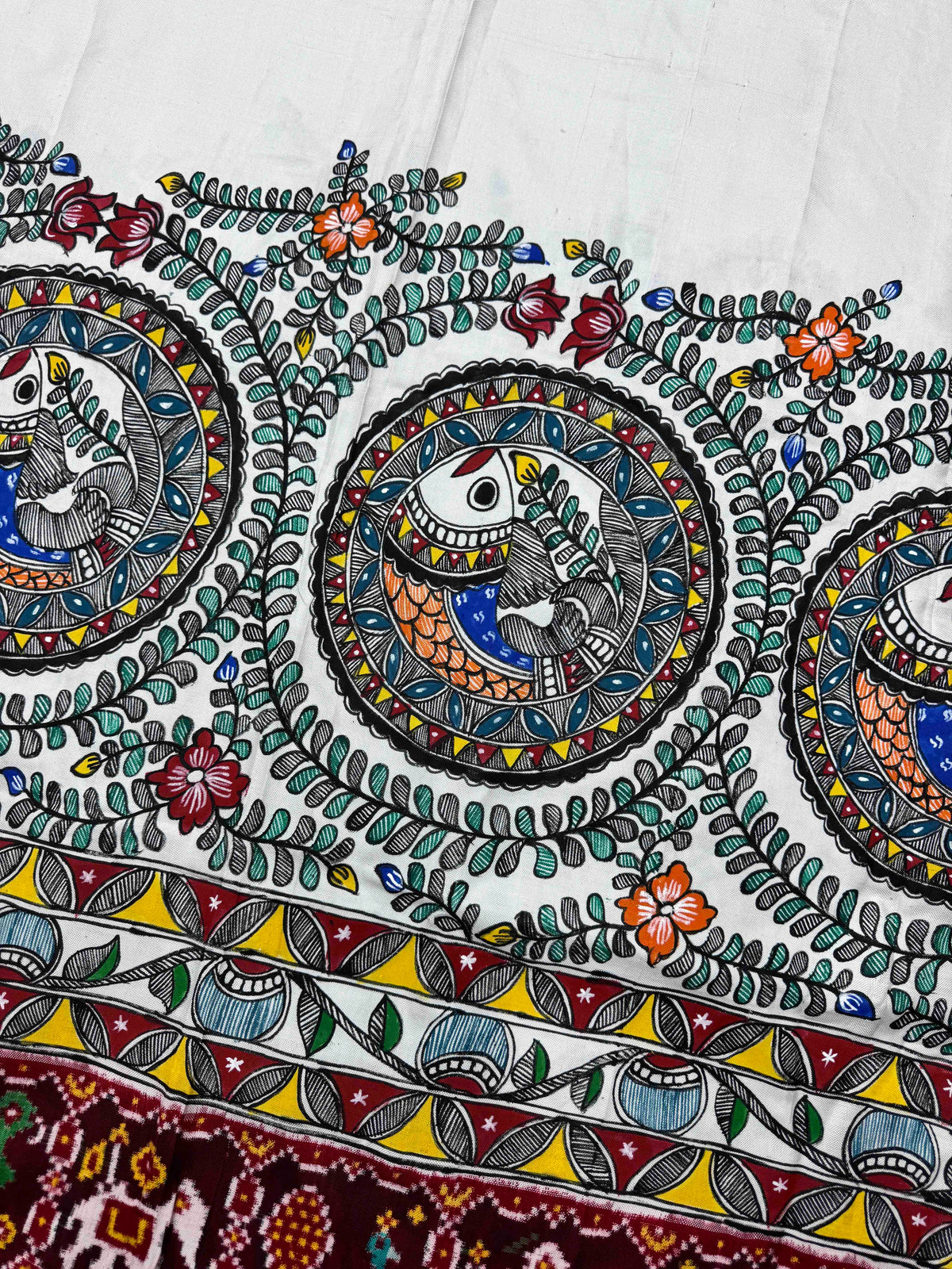 Maroon & White Madhubani Hand Painting with Fusion Design Double Ikat Patan Patola Saree