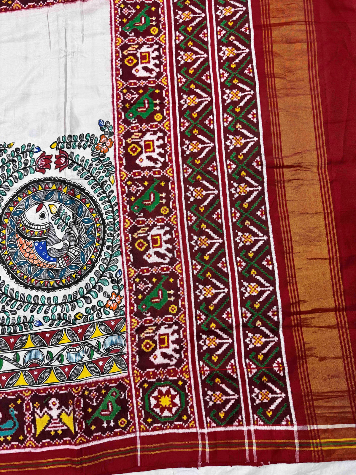 Maroon & White Madhubani Hand Painting with Fusion Design Double Ikat Patan Patola Saree