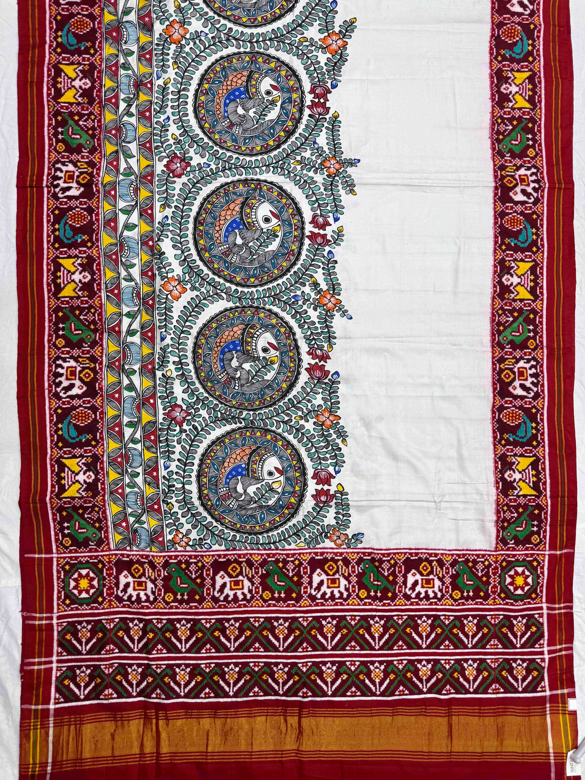 Maroon & White Madhubani Hand Painting with Fusion Design Double Ikat Patan Patola Saree