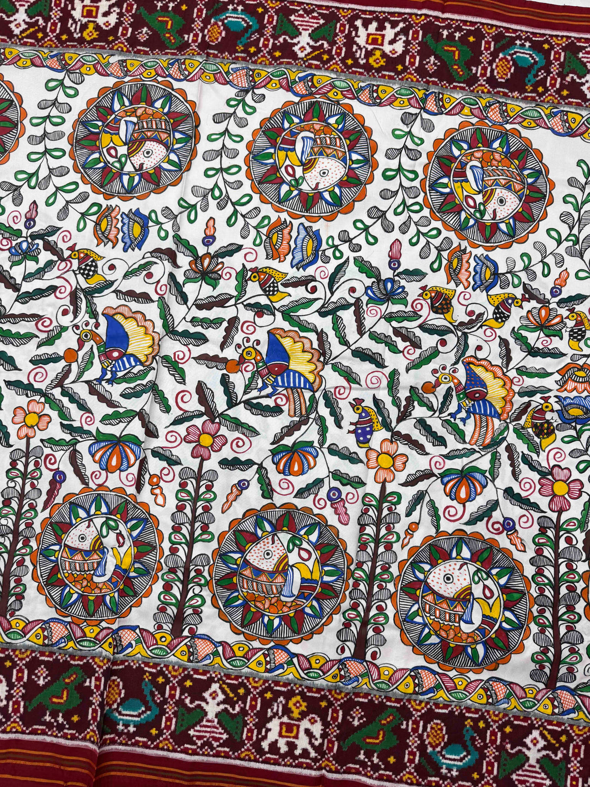 Maroon & White Madhubani Hand Painting with Fusion Design Double Ikat Patan Patola Saree