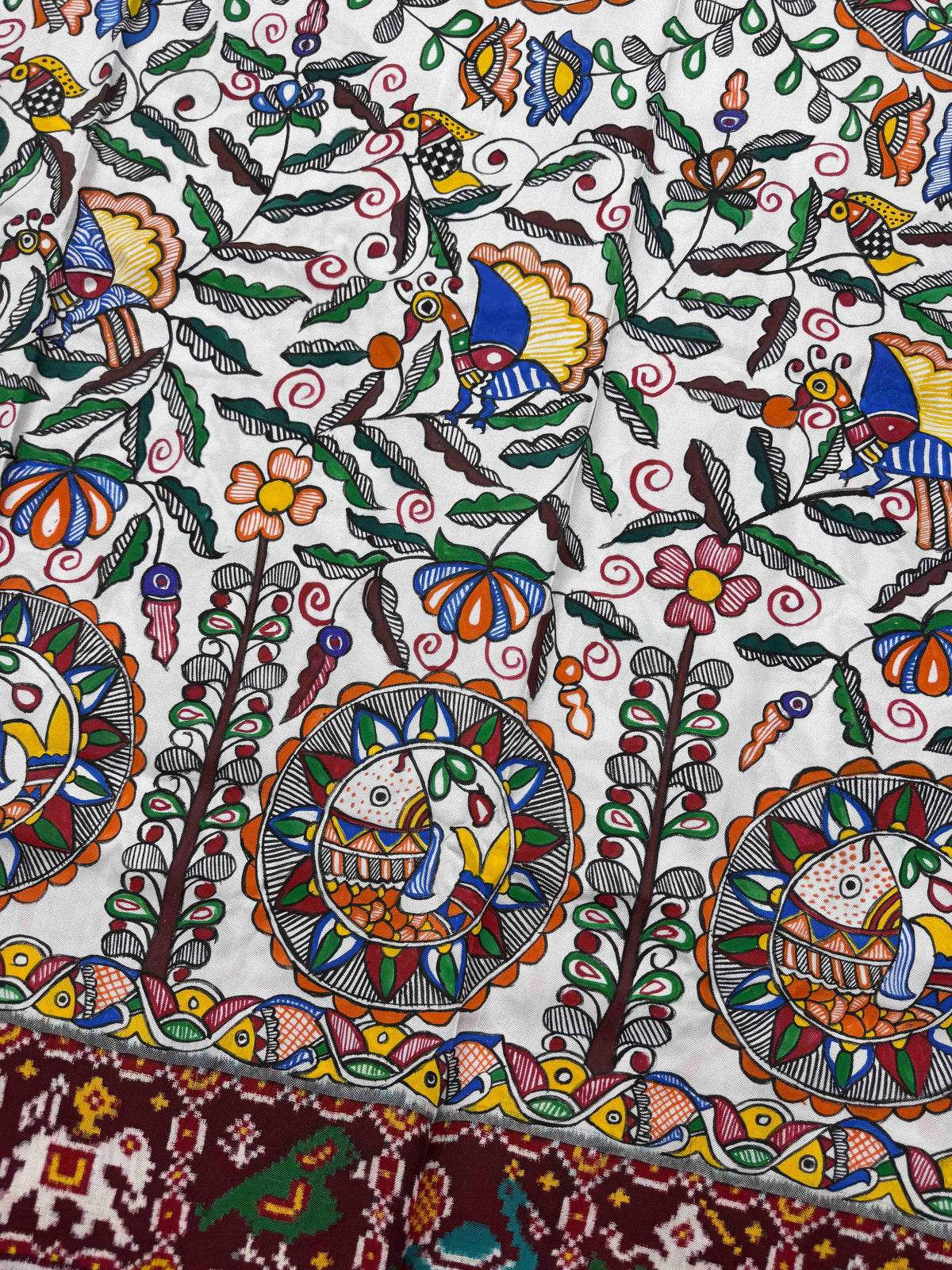 Maroon & White Madhubani Hand Painting with Fusion Design Double Ikat Patan Patola Saree